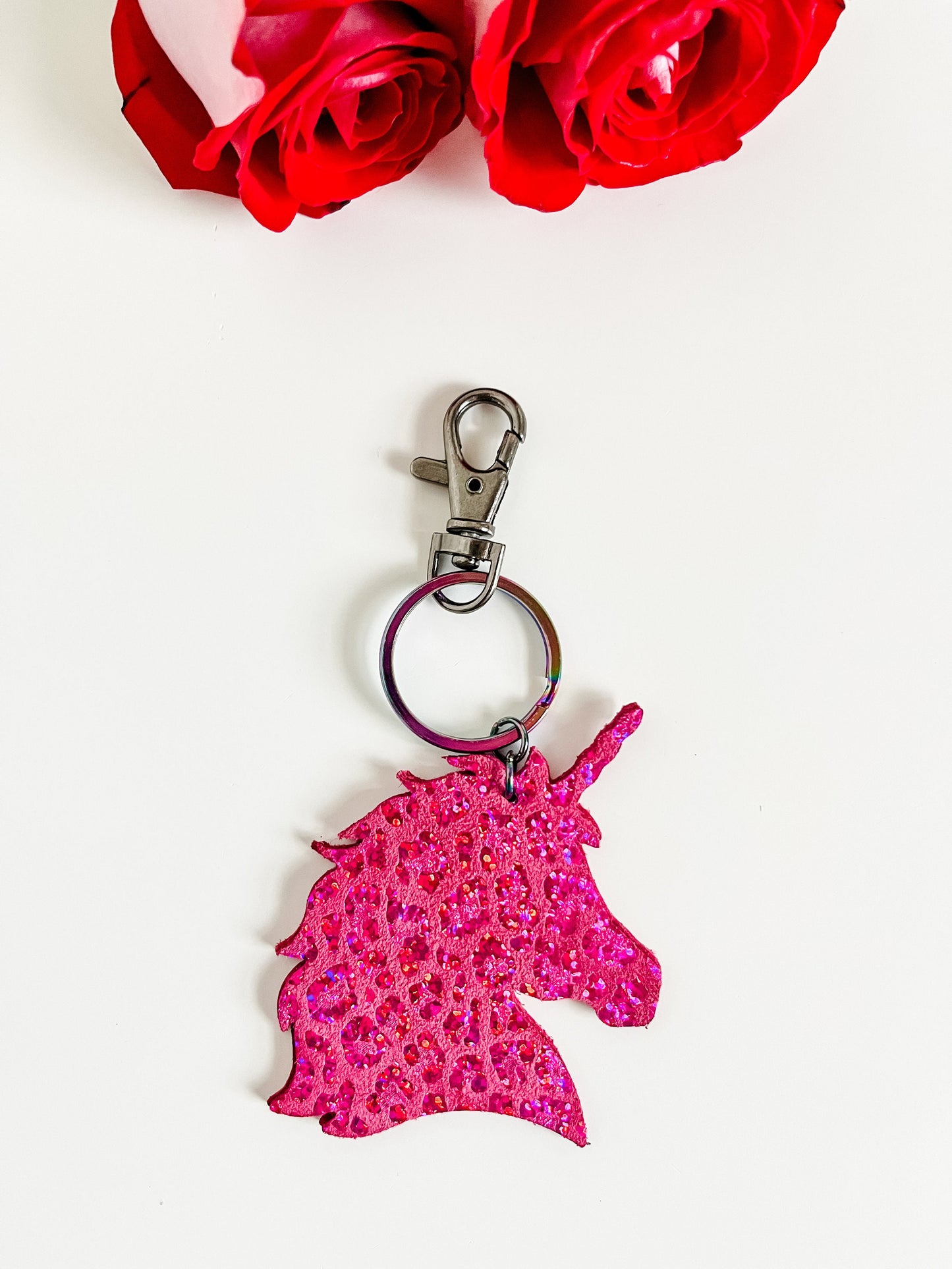 Unicorn Purse Charm Keychain, Metallic Pink Leopard Print Leather, Pink Bag Charm, Purse Backpack Accessory, Bag Bling, Unicorn Gift for Her