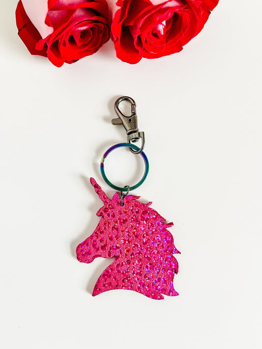 Unicorn Purse Charm Keychain, Metallic Pink Leopard Print Leather, Pink Bag Charm, Purse Backpack Accessory, Bag Bling, Unicorn Gift for Her