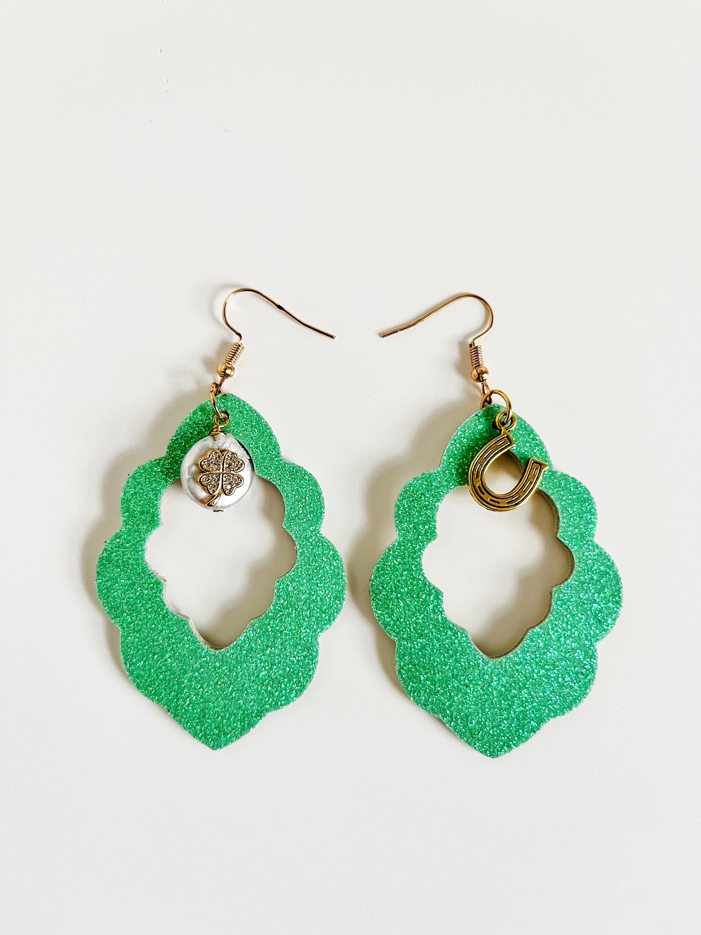 St Patricks Day Earrings, Green Glitter Leather Clover Earrings with Horseshoe and Shamrock Charms, Shamrock Earrings, Good Luck Earrings