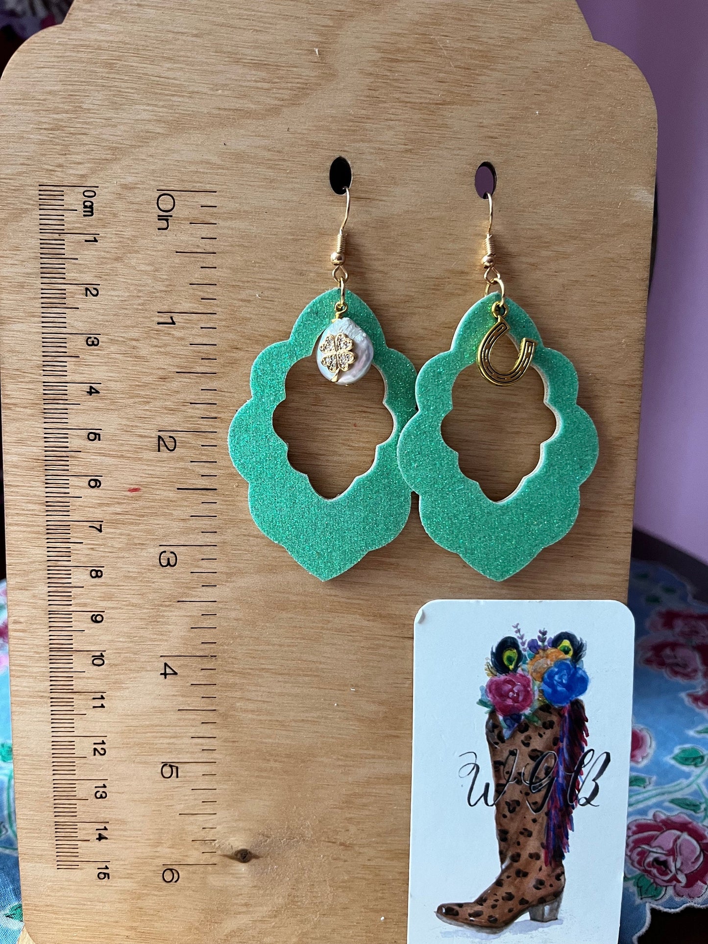 St Patricks Day Earrings, Green Glitter Leather Clover Earrings with Horseshoe and Shamrock Charms, Shamrock Earrings, Good Luck Earrings