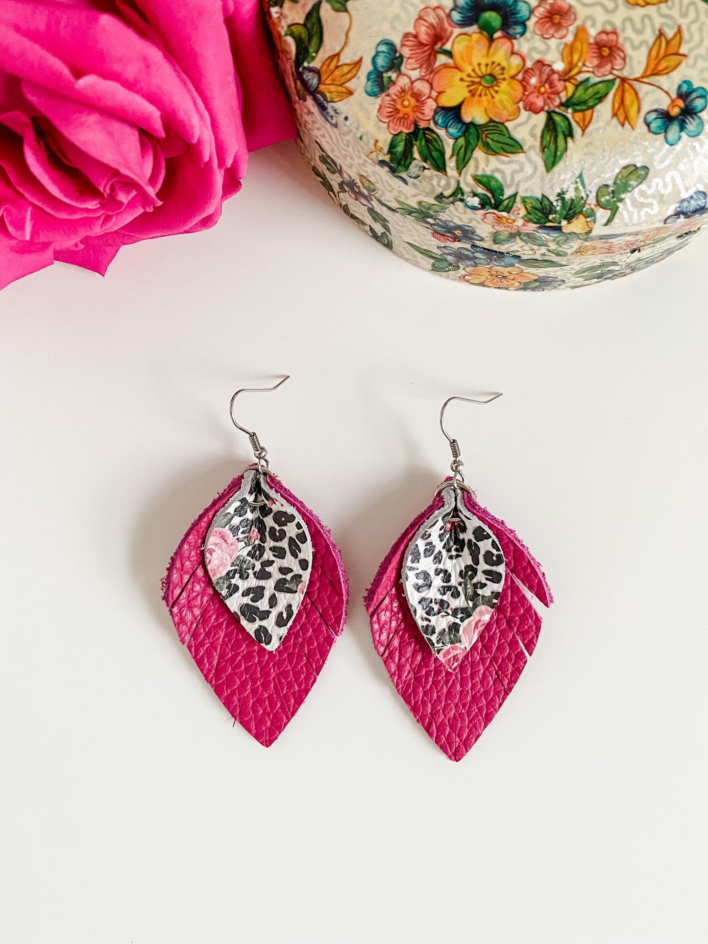 Leather Pinched Petal Earrings, Dark Pink Leather, Black White Leopard Print with Roses, Coquette Chic Earrings, Fringe Petal Earrings