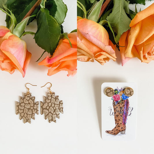 Western Earring Set, Mom and Me Earring, Aztec Cross Earrings, Boho Stud Earrings, Gold Leopard Print Earrings, Dangle and Stud Earring Set