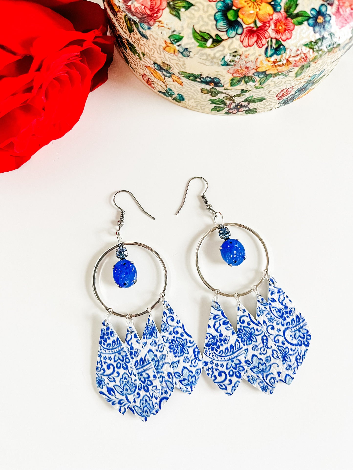 Leather Chandelier Earrings with Blue Vintage Crystal Drops, Blue China Lace Print on White Leather, Coquette Cottage Chic Earrings