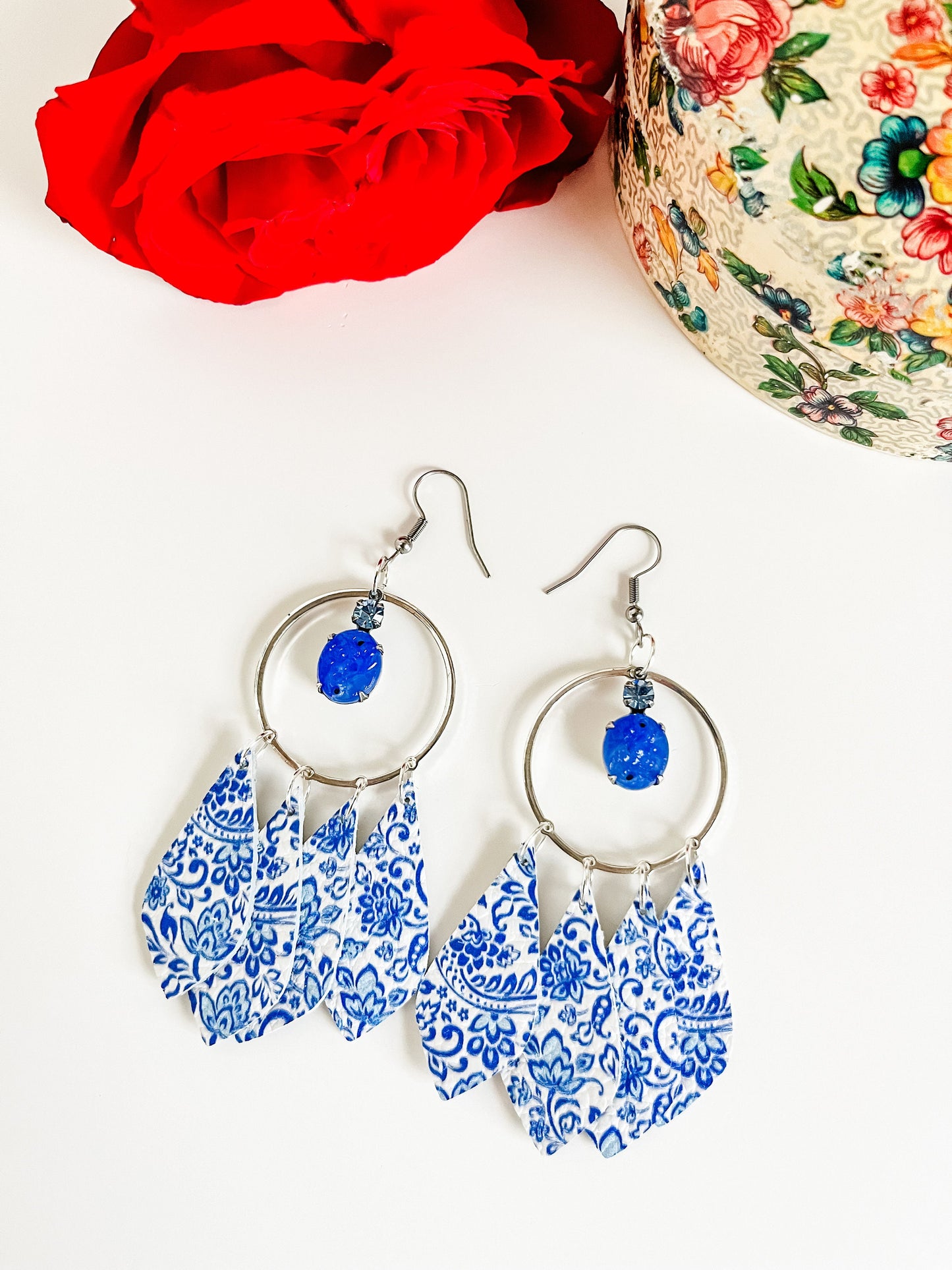 Leather Chandelier Earrings with Blue Vintage Crystal Drops, Blue China Lace Print on White Leather, Coquette Cottage Chic Earrings