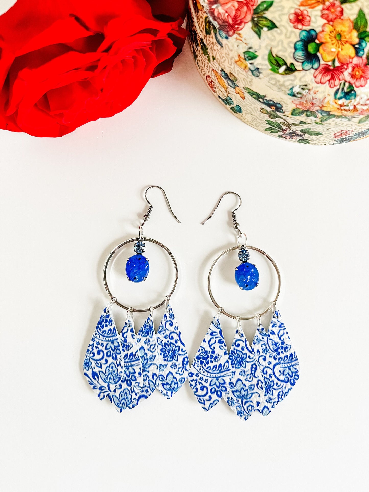 Leather Chandelier Earrings with Blue Vintage Crystal Drops, Blue China Lace Print on White Leather, Coquette Cottage Chic Earrings