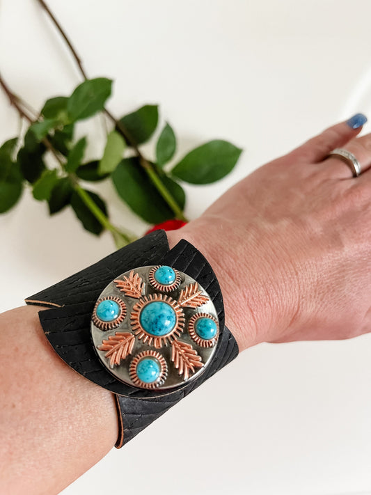 Black Leather Feather Bracelet with Turquoise Concho, Western Cuff Bracelet, Punchy Rodeo Jewelry, Coastal Cowgirl Chic Bracelet