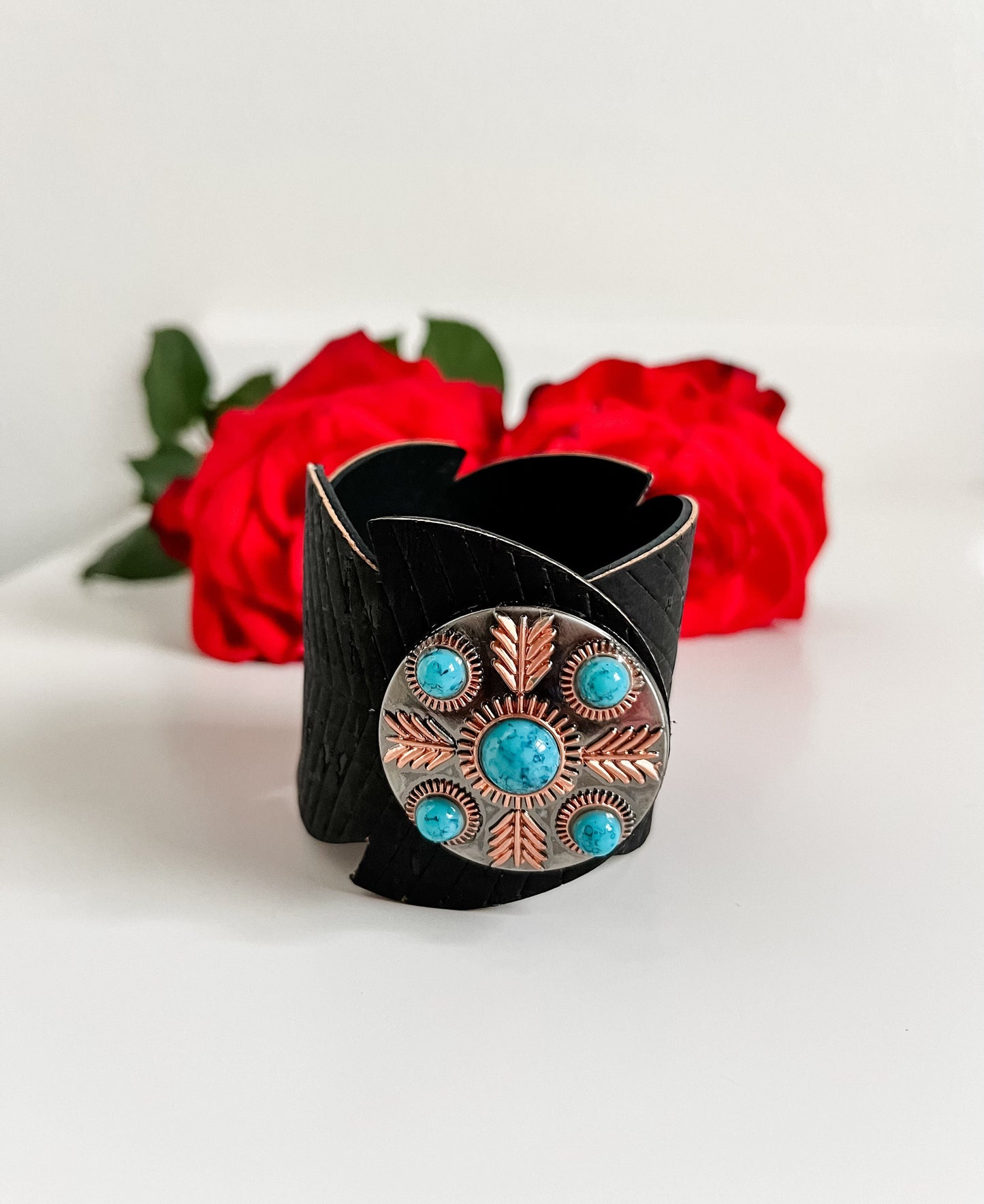 Black Leather Feather Bracelet with Turquoise Concho, Western Cuff Bracelet, Punchy Rodeo Jewelry, Coastal Cowgirl Chic Bracelet