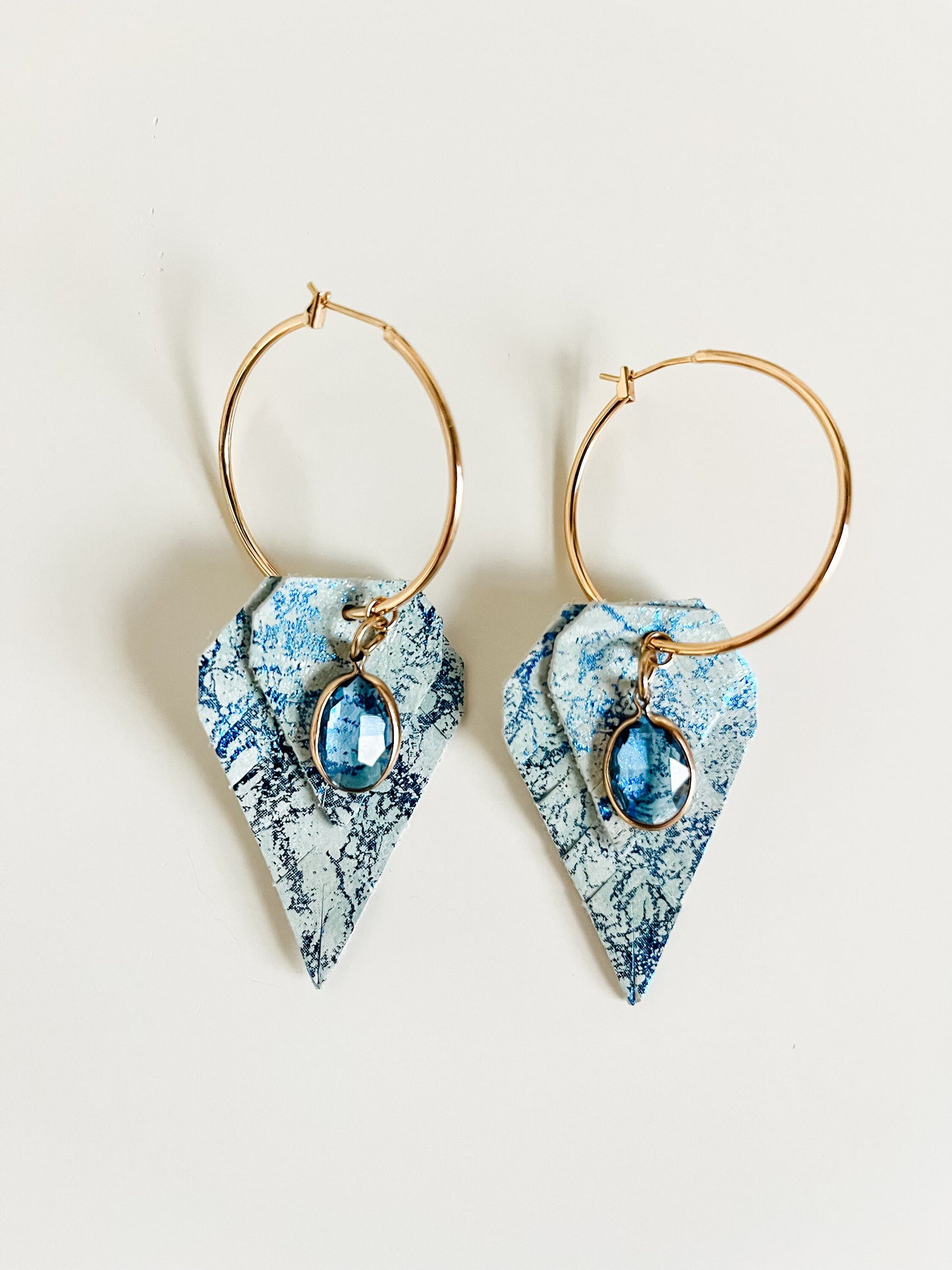 Sparkly Blue and Mint Marble Leather Fringe Earrings, Boho Dressy Hoop Earrings, Diamond Fringe Dangles on Gold Hoops, Mint Earrings