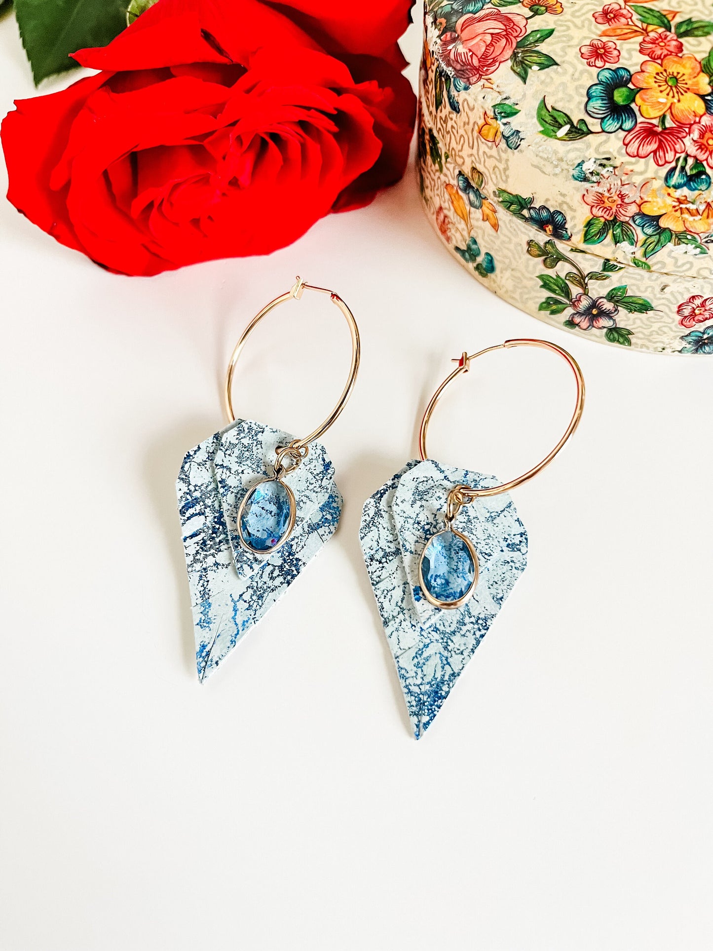 Sparkly Blue and Mint Marble Leather Fringe Earrings, Boho Dressy Hoop Earrings, Diamond Fringe Dangles on Gold Hoops, Mint Earrings