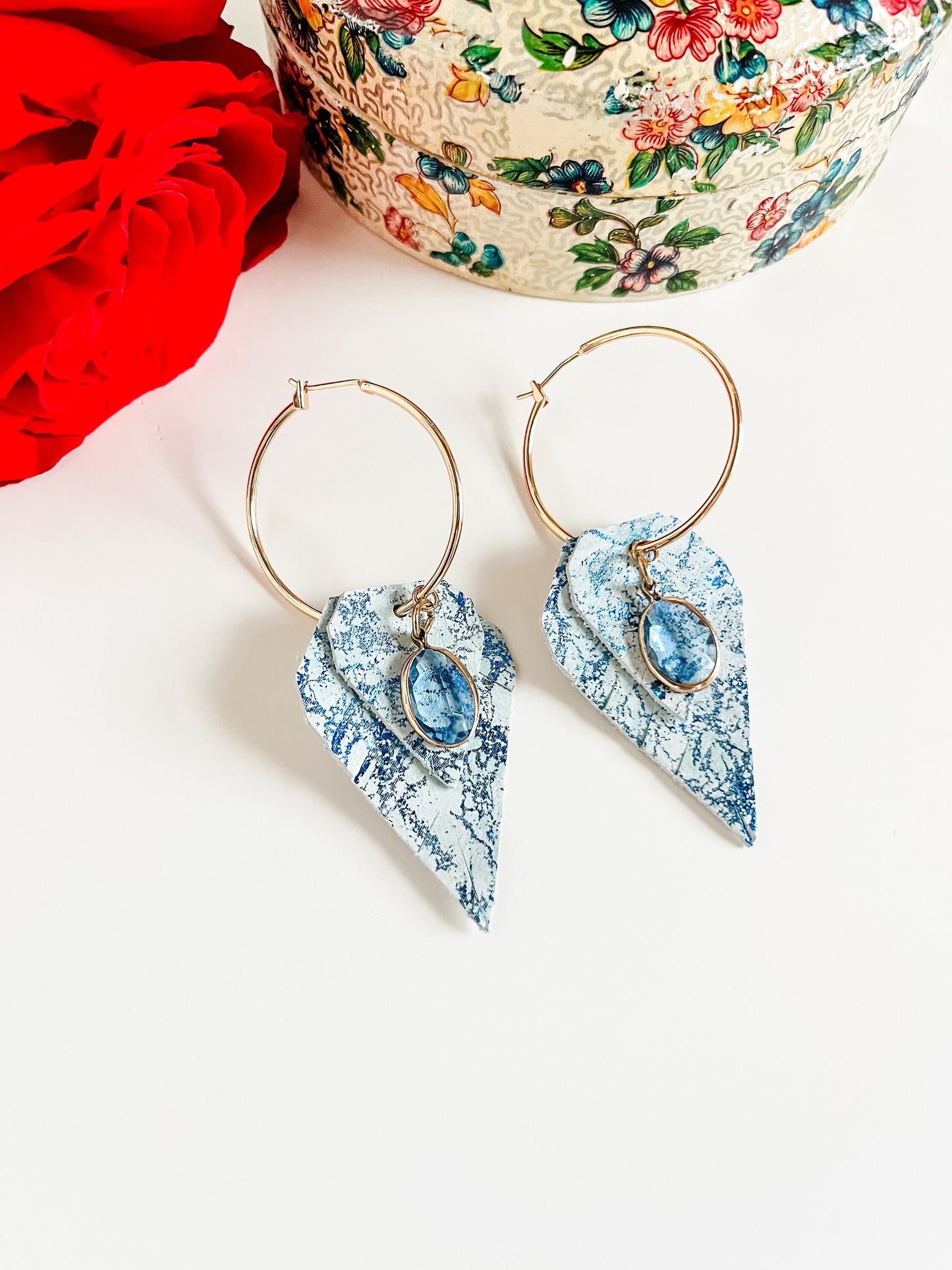 Sparkly Blue and Mint Marble Leather Fringe Earrings, Boho Dressy Hoop Earrings, Diamond Fringe Dangles on Gold Hoops, Mint Earrings