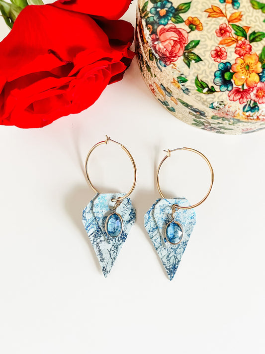 Sparkly Blue and Mint Marble Leather Fringe Earrings, Boho Dressy Hoop Earrings, Diamond Fringe Dangles on Gold Hoops, Mint Earrings