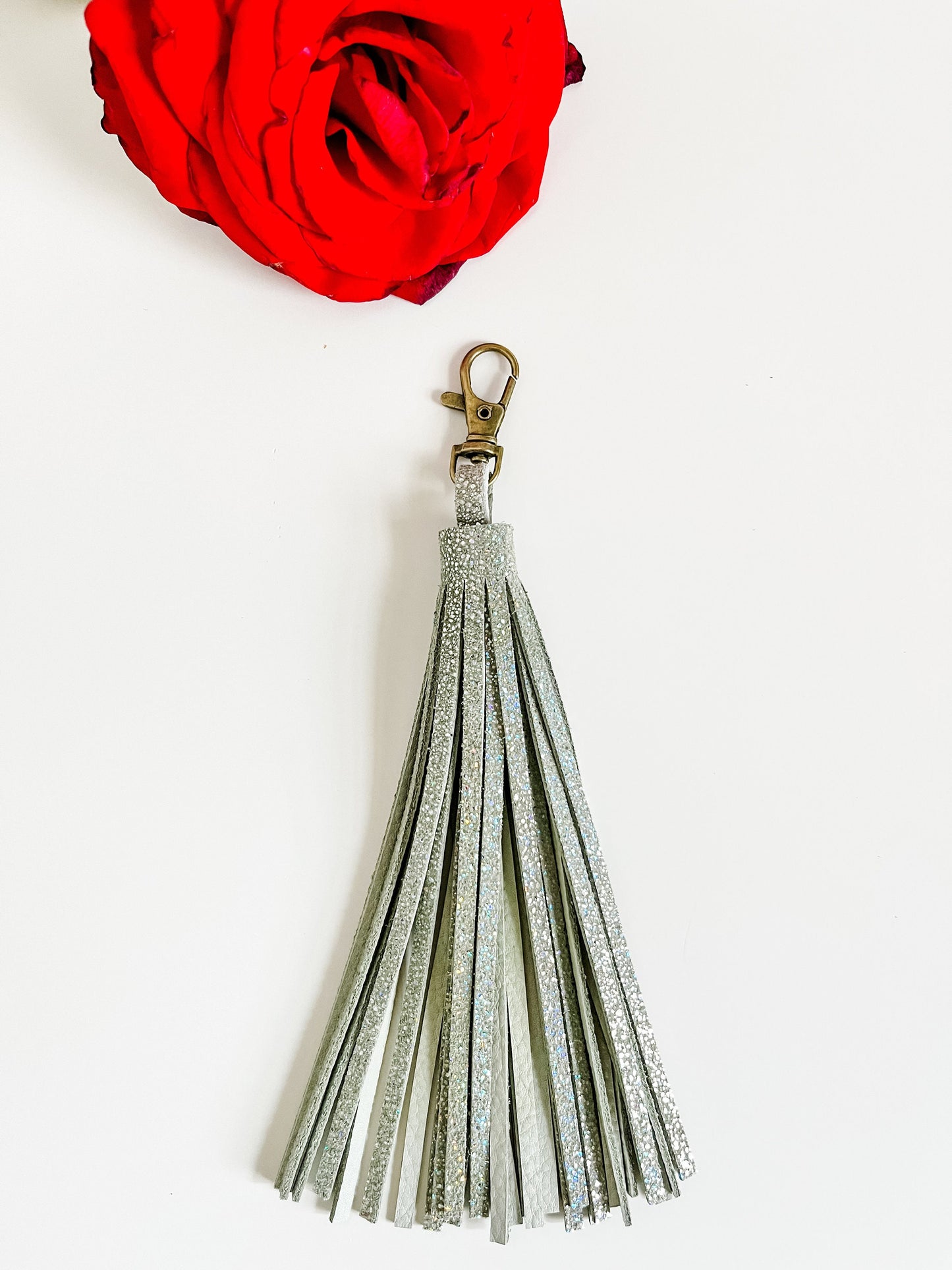 Metallic Olive Green Leather Tassel, Metallic Purse Tassel, Fringe Tassel, Purse Charm, Bag Charm, Antique Brass Hardware, ready to ship