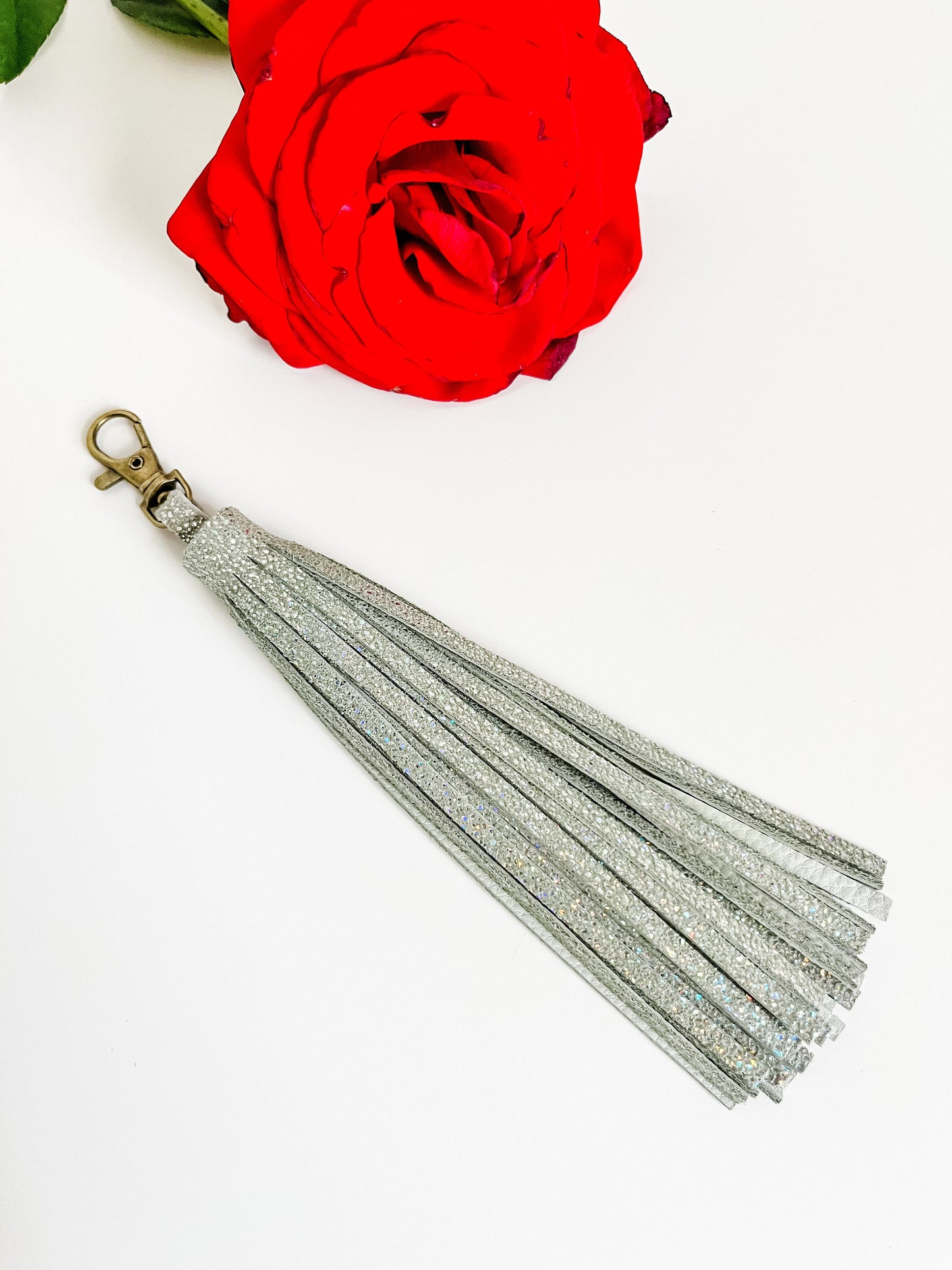 Metallic Olive Green Leather Tassel, Metallic Purse Tassel, Fringe Tassel, Purse Charm, Bag Charm, Antique Brass Hardware, ready to ship