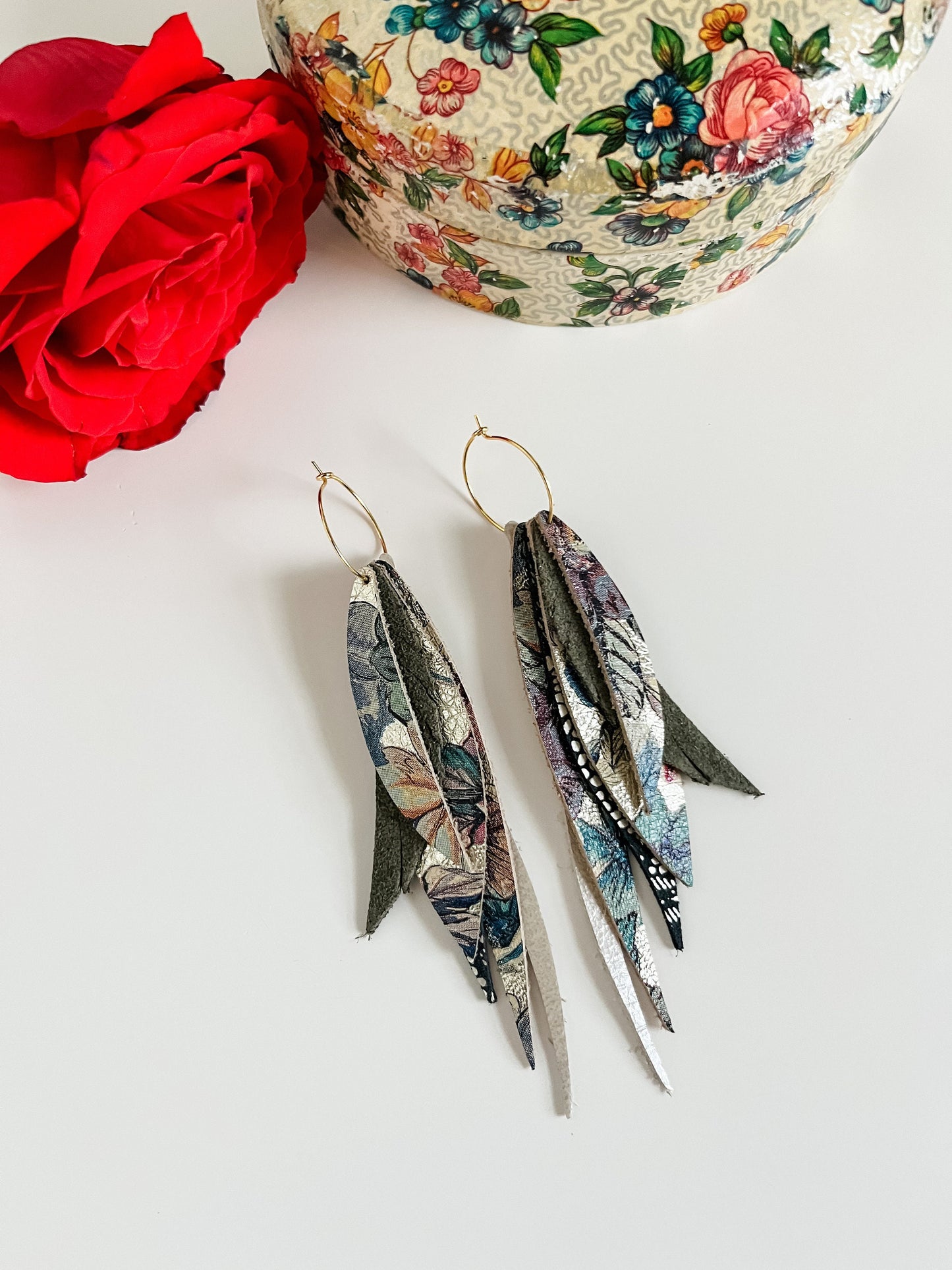 Slim Boho Leather Feather Fringe Earrings, Gold Floral Print Leather, Navy Blue Metallic Lace Print, Gold Hoop Earrings with Leather Dangles