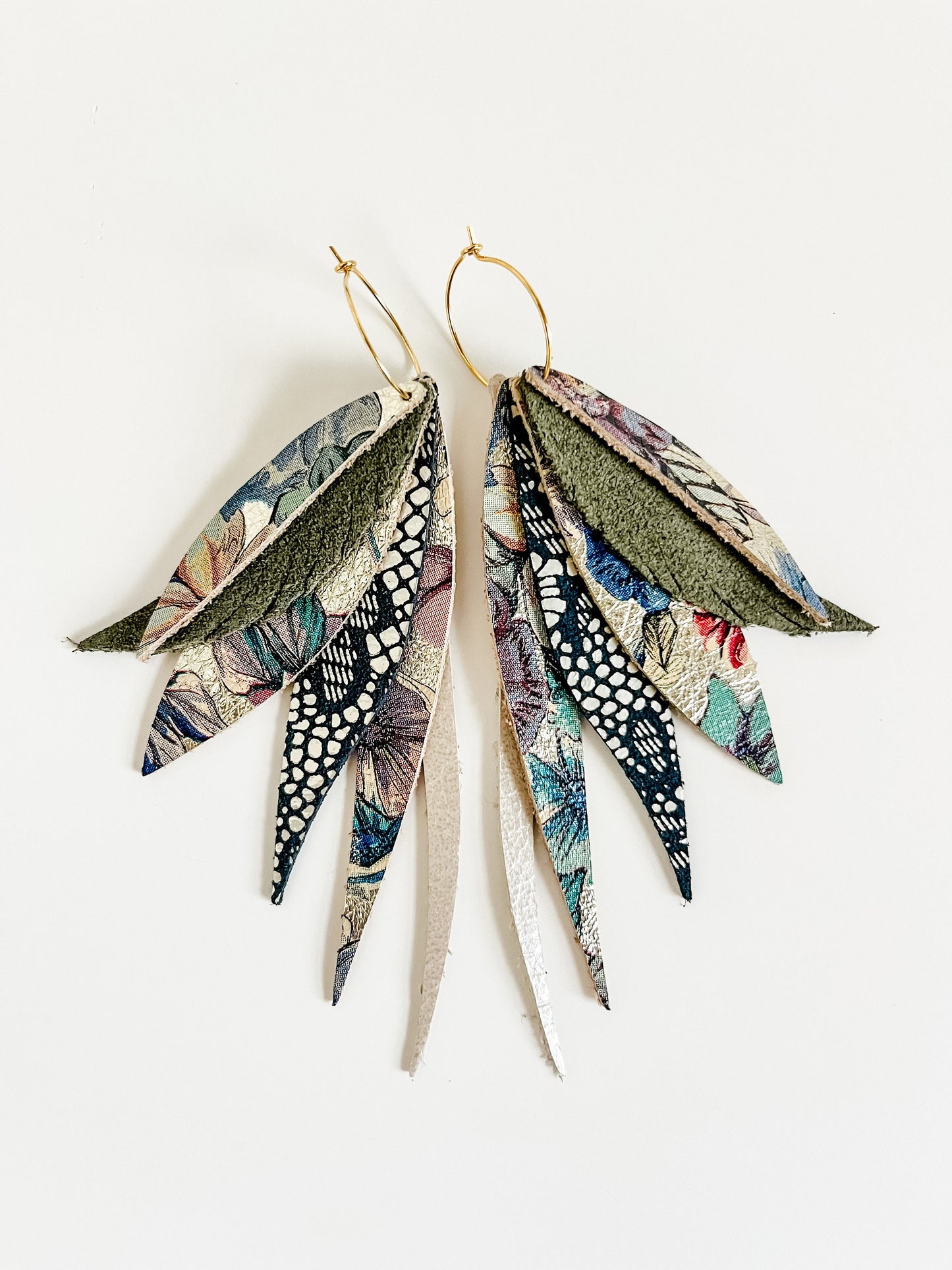 Slim Boho Leather Feather Fringe Earrings, Gold Floral Print Leather, Navy Blue Metallic Lace Print, Gold Hoop Earrings with Leather Dangles