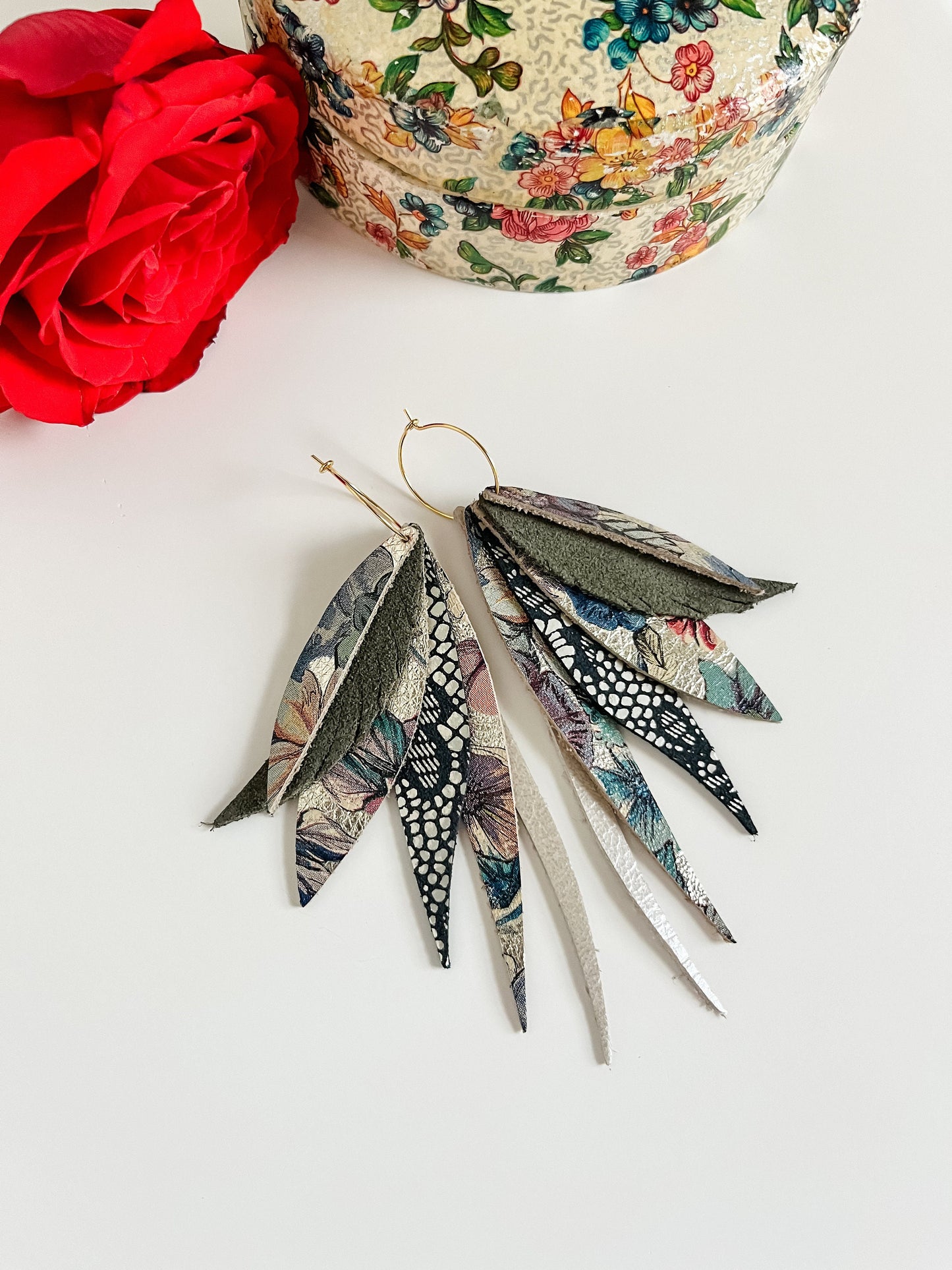 Slim Boho Leather Feather Fringe Earrings, Gold Floral Print Leather, Navy Blue Metallic Lace Print, Gold Hoop Earrings with Leather Dangles