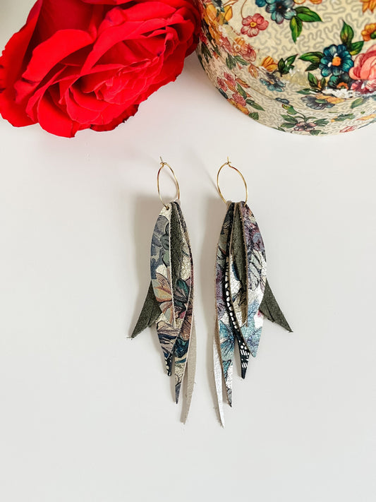 Slim Boho Leather Feather Fringe Earrings, Gold Floral Print Leather, Navy Blue Metallic Lace Print, Gold Hoop Earrings with Leather Dangles