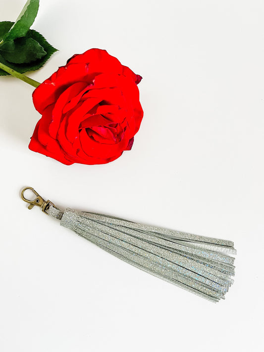 Metallic Olive Green Leather Tassel, Metallic Purse Tassel, Fringe Tassel, Purse Charm, Bag Charm, Antique Brass Hardware, ready to ship