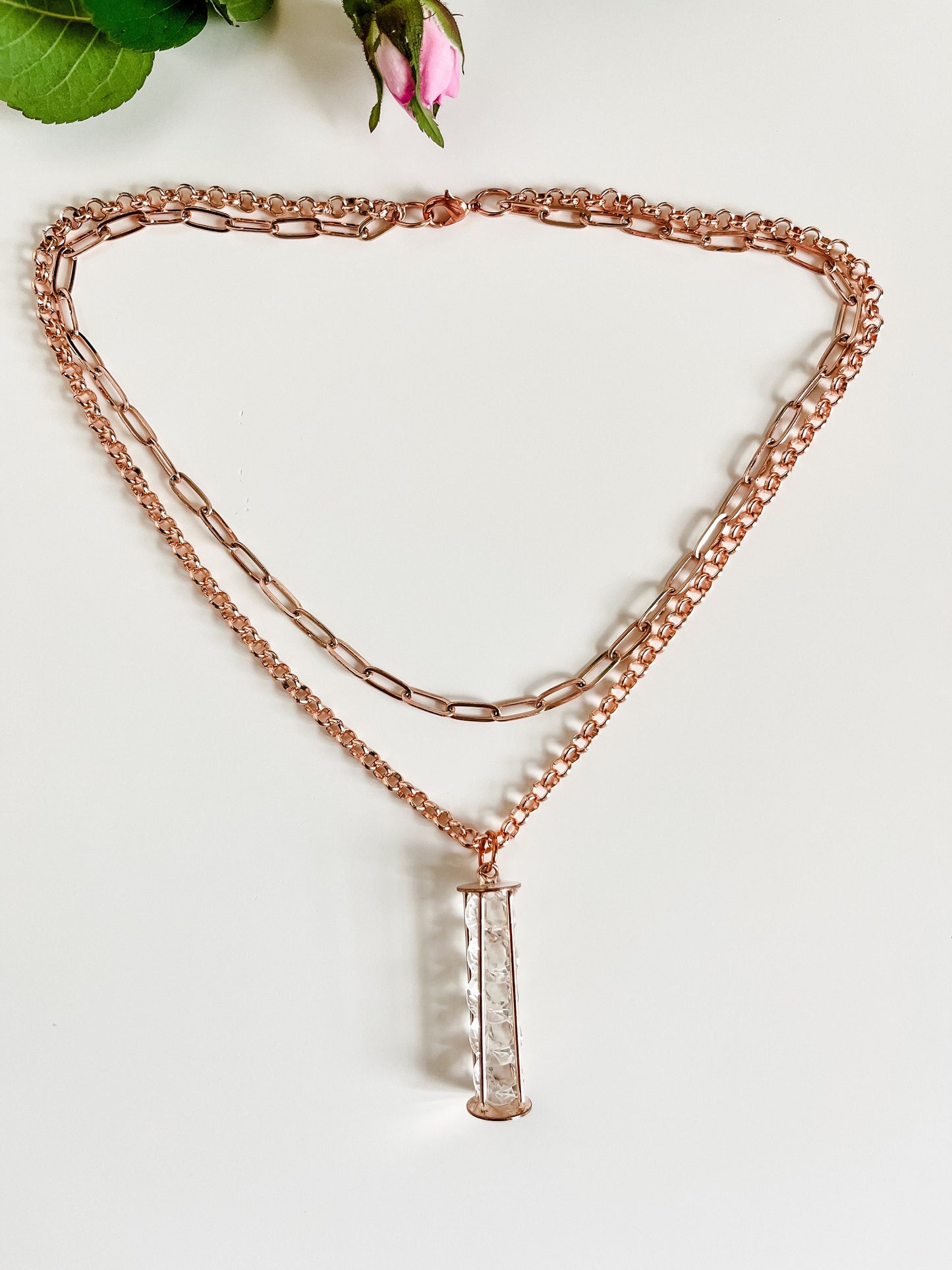 Rose Gold Two Strand Necklace with Rhinestone Pendant, Rose Gold Paper Clip Chain Necklace, Layered Necklace, Wedding Necklace