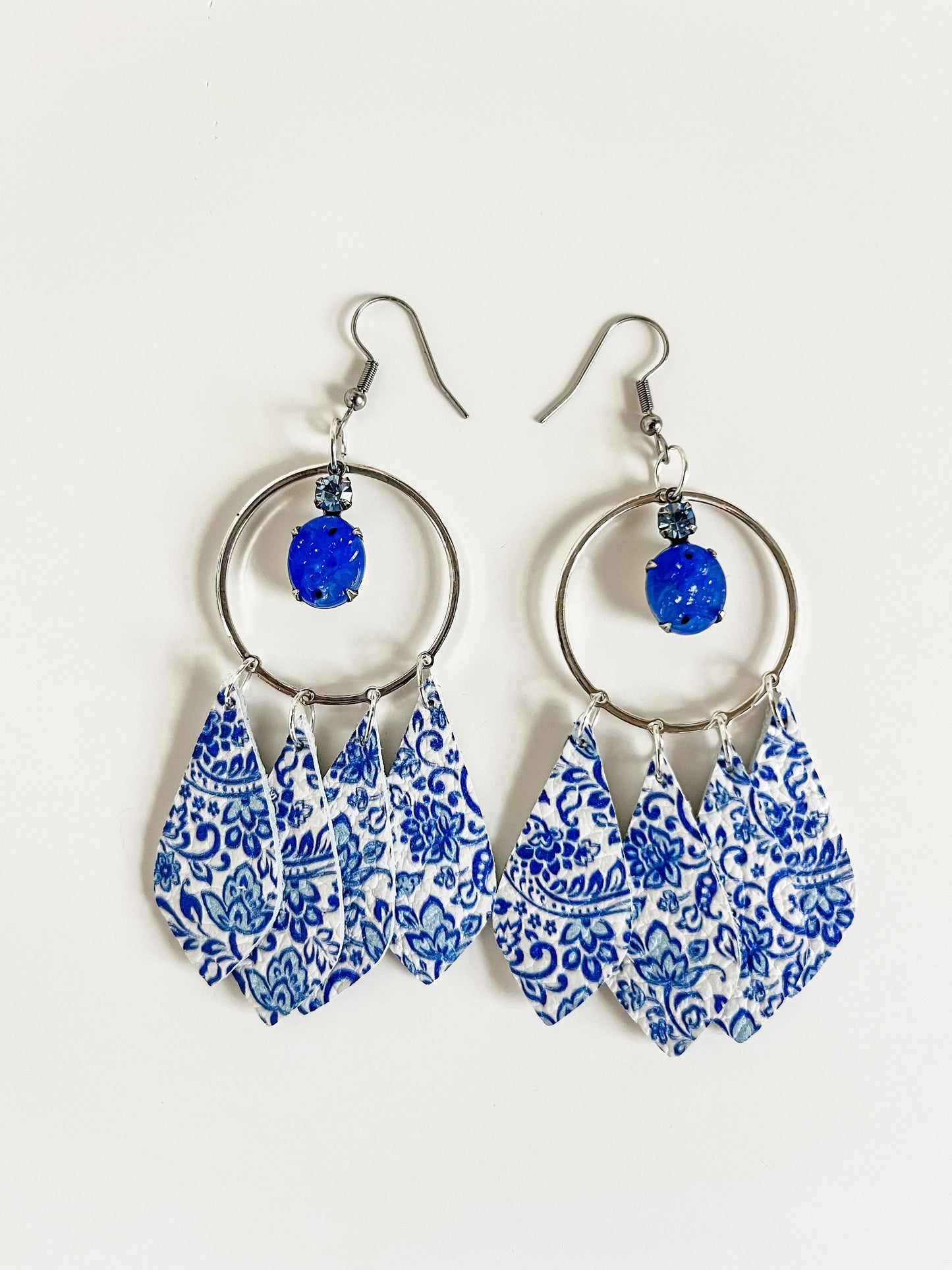 Leather Chandelier Earrings with Blue Vintage Crystal Drops, Blue China Lace Print on White Leather, Coquette Cottage Chic Earrings