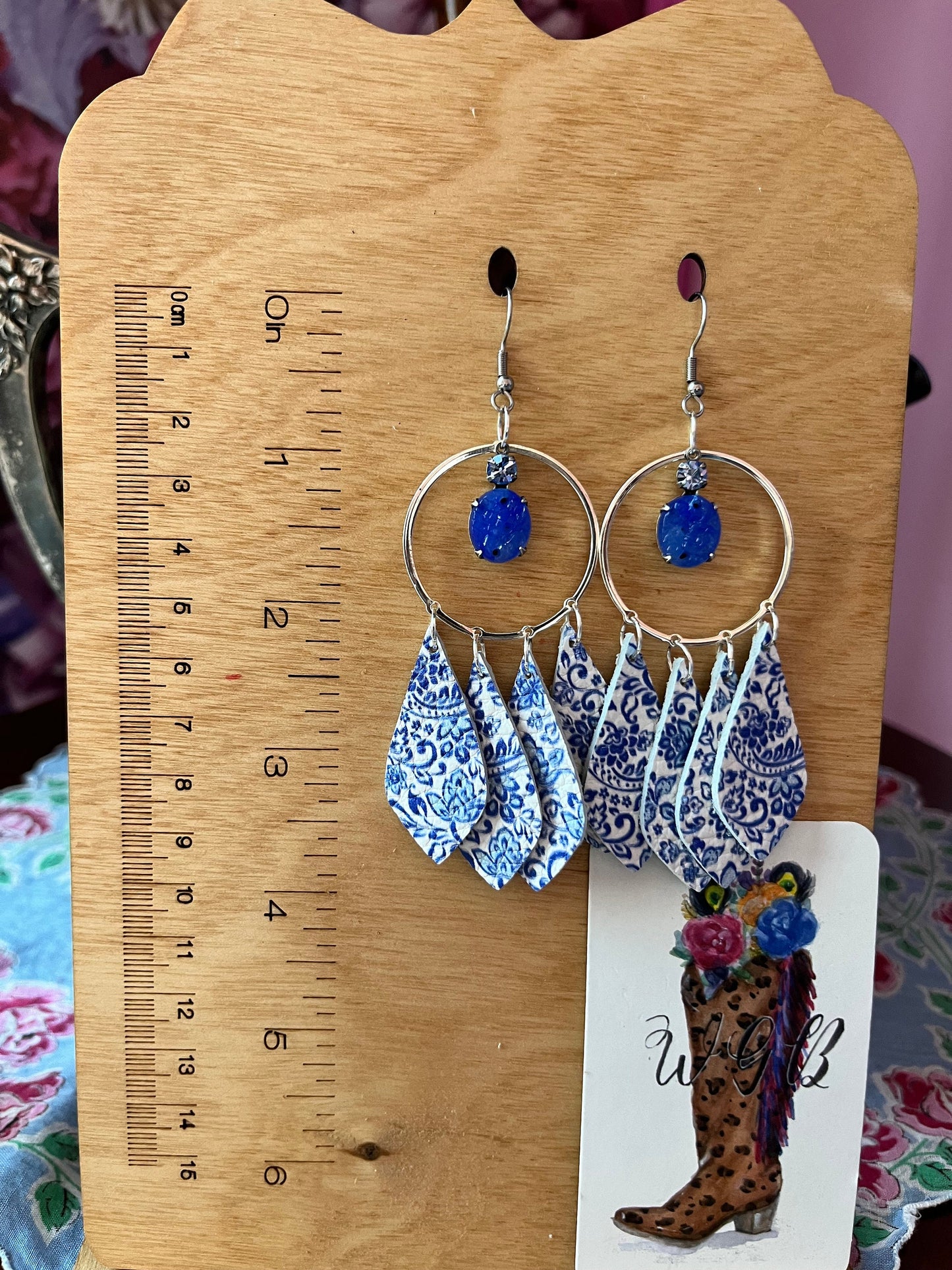 Leather Chandelier Earrings with Blue Vintage Crystal Drops, Blue China Lace Print on White Leather, Coquette Cottage Chic Earrings