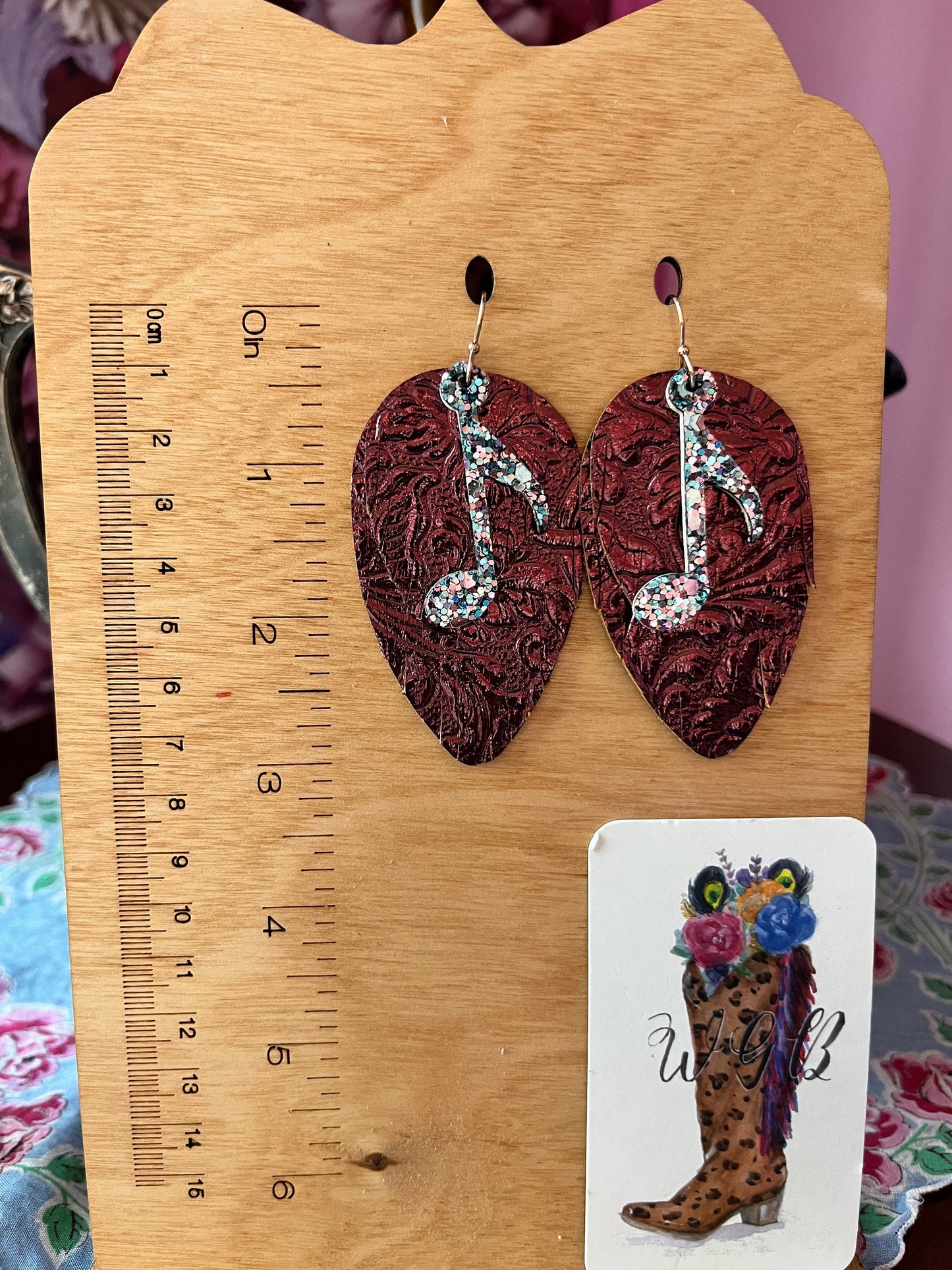 Glitter Music Note Earrings with Metallic Leather Fringe, Mermaid Glitter Music Note, Plum Western Embossed Leather, Concert Earrings