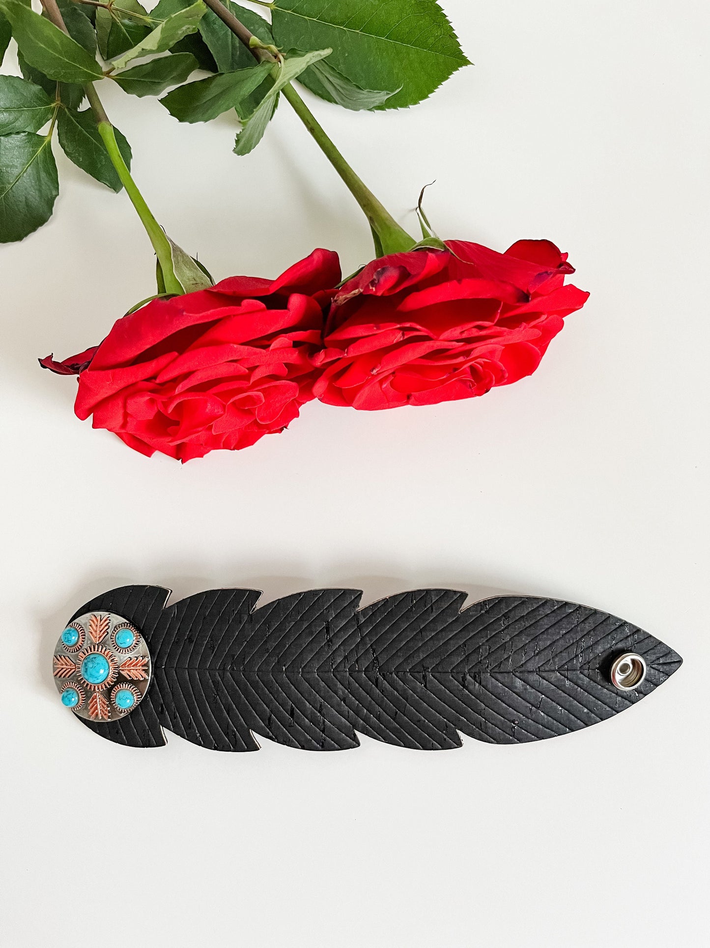 Black Leather Feather Bracelet with Turquoise Concho, Western Cuff Bracelet, Punchy Rodeo Jewelry, Coastal Cowgirl Chic Bracelet