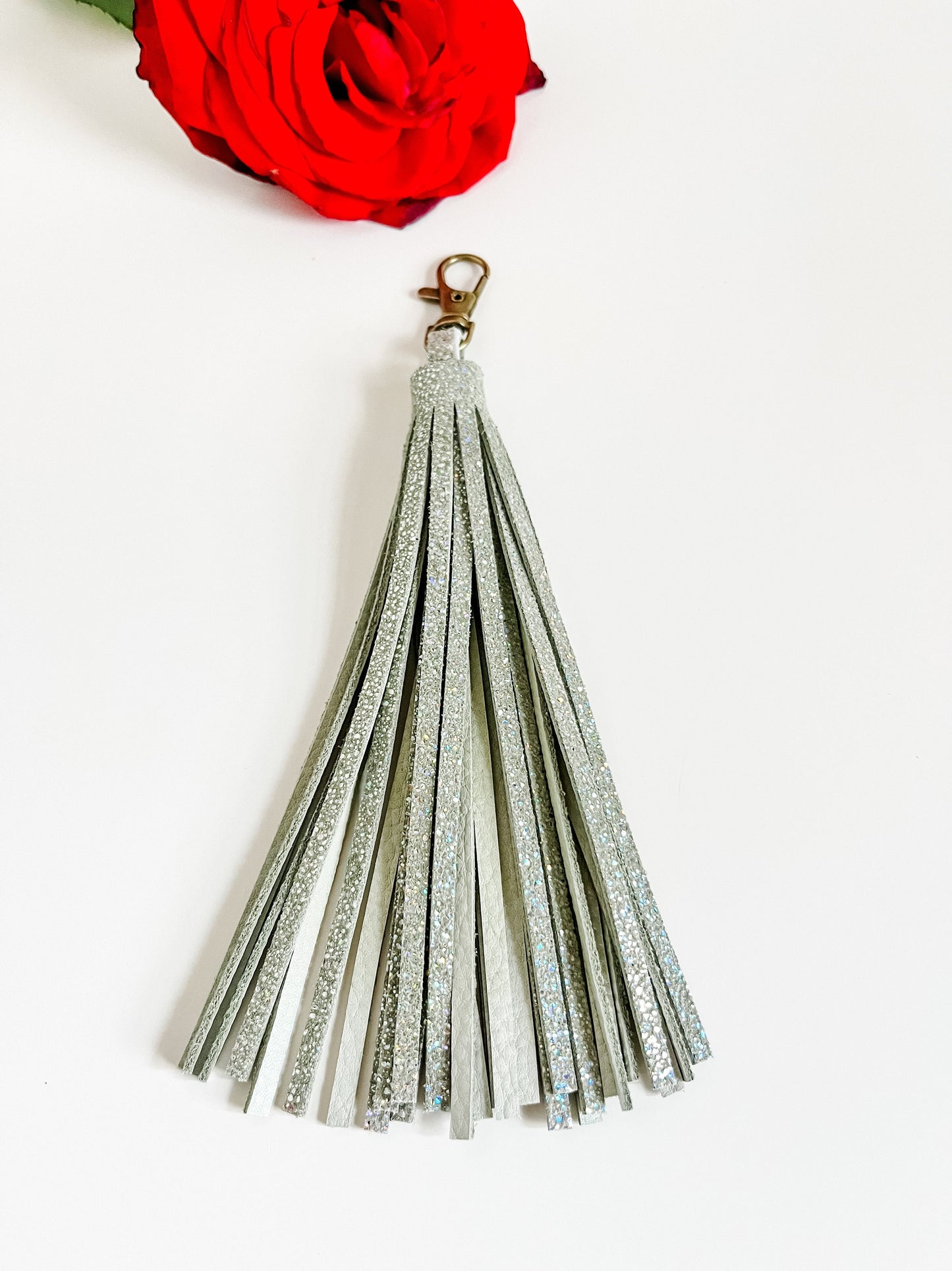 Metallic Olive Green Leather Tassel, Metallic Purse Tassel, Fringe Tassel, Purse Charm, Bag Charm, Antique Brass Hardware, ready to ship