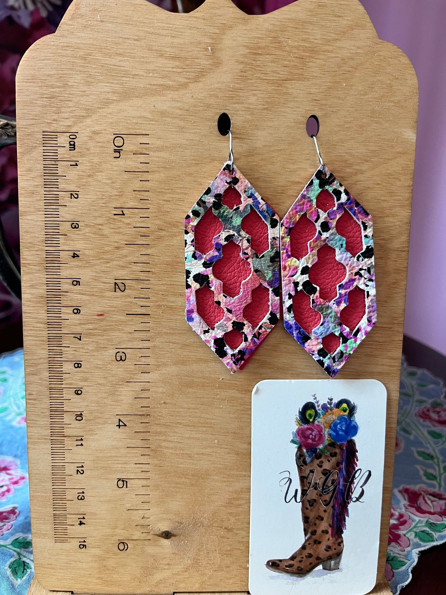 Vibrant Floral Leather Earrings, Spring Floral Print with Black Leopard Spots, Mint Earrings, Coral Earrings, Unique Layered Cutout Design,