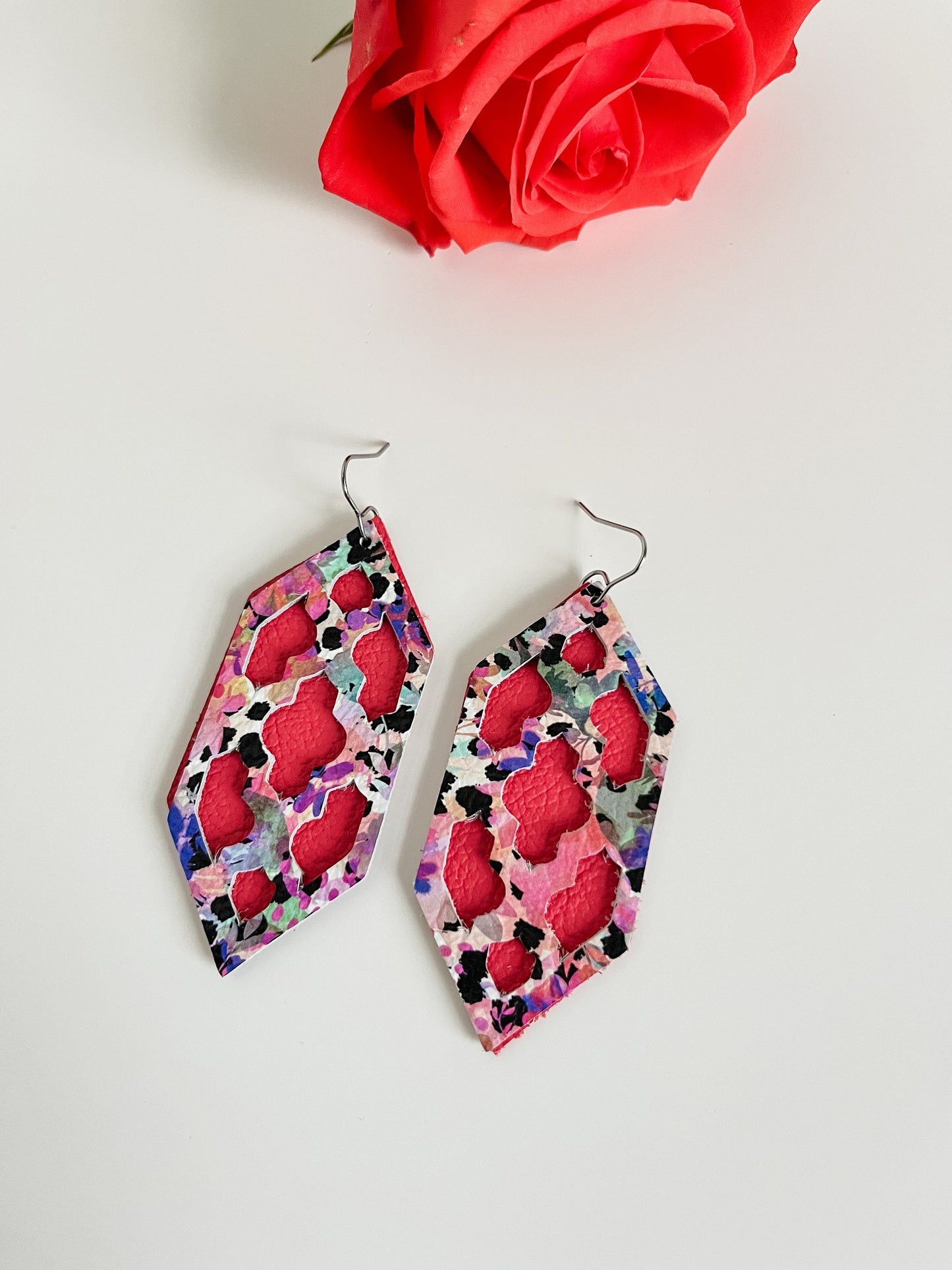 Vibrant Floral Leather Earrings, Spring Floral Print with Black Leopard Spots, Mint Earrings, Coral Earrings, Unique Layered Cutout Design,