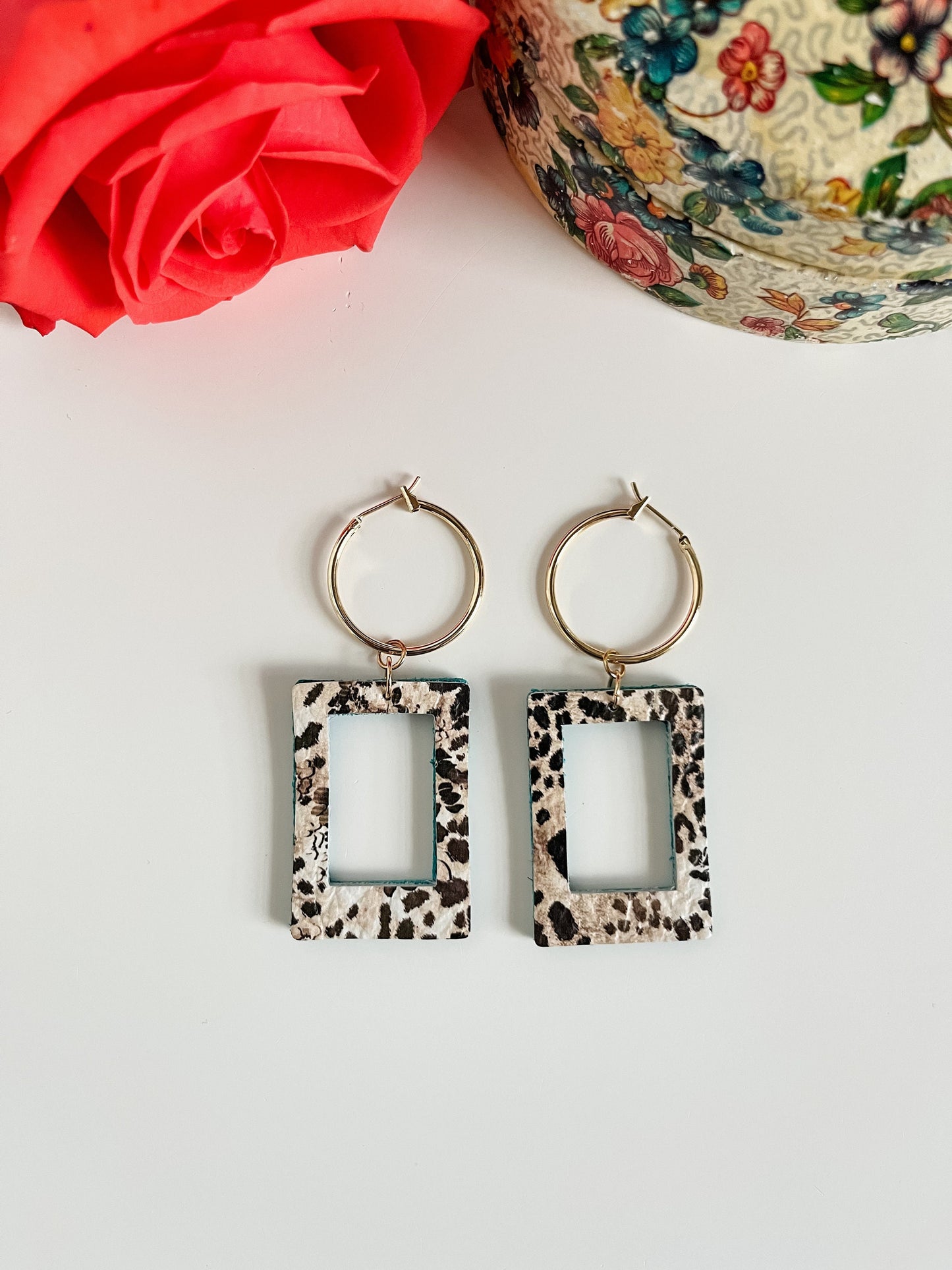 Cheetah Print and Teal Leather Earrings, Cute Double Sided Rectangle Dangles on Gold Hoops, Boho Festival Earrings, Animal Print Earrings