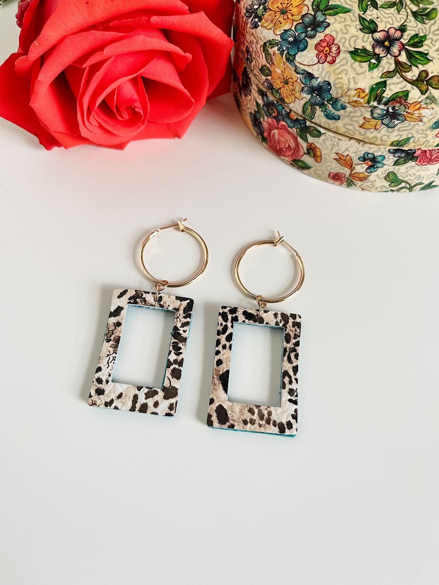 Cheetah Print and Teal Leather Earrings, Cute Double Sided Rectangle Dangles on Gold Hoops, Boho Festival Earrings, Animal Print Earrings