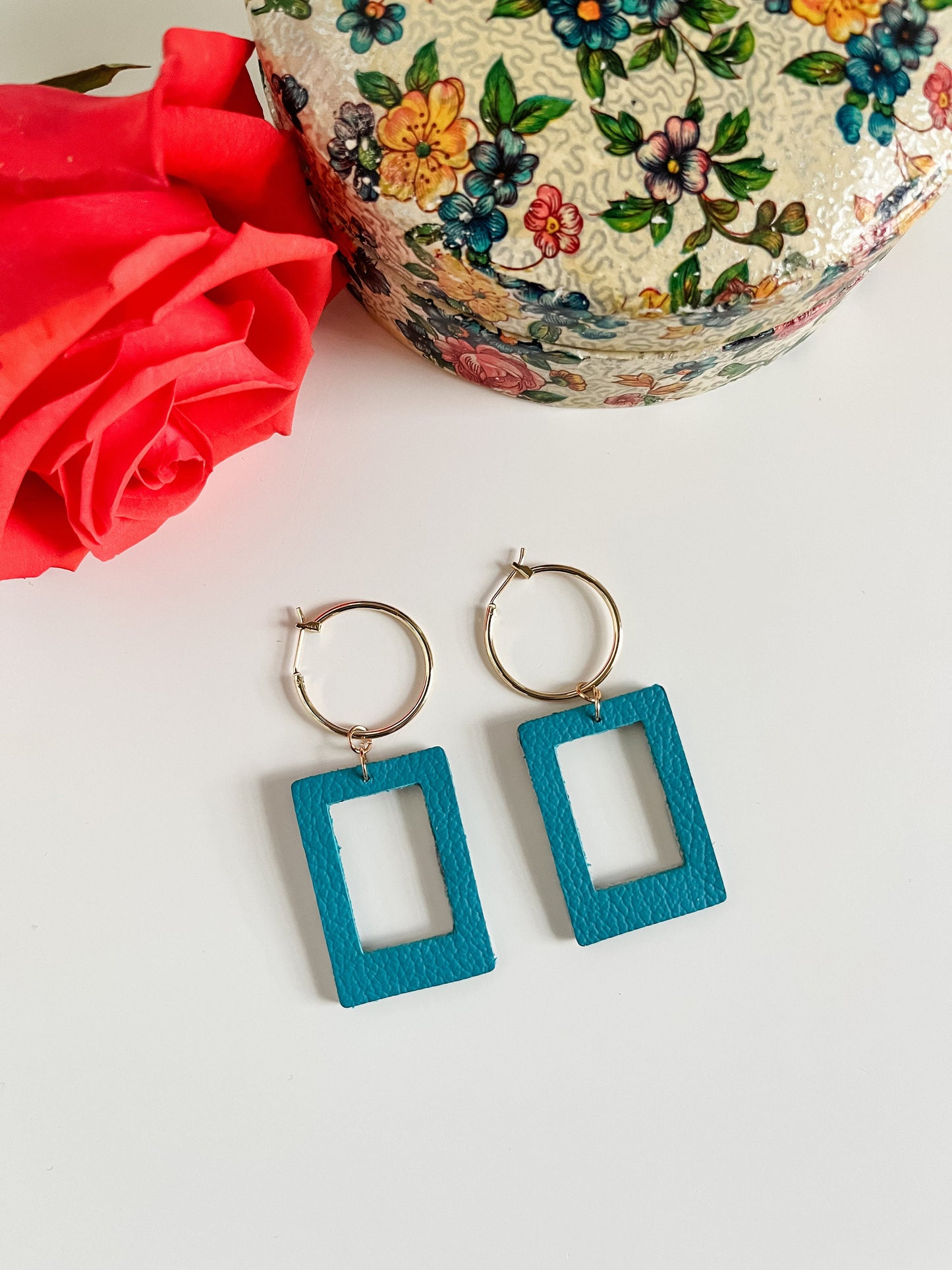 Cheetah Print and Teal Leather Earrings, Cute Double Sided Rectangle Dangles on Gold Hoops, Boho Festival Earrings, Animal Print Earrings