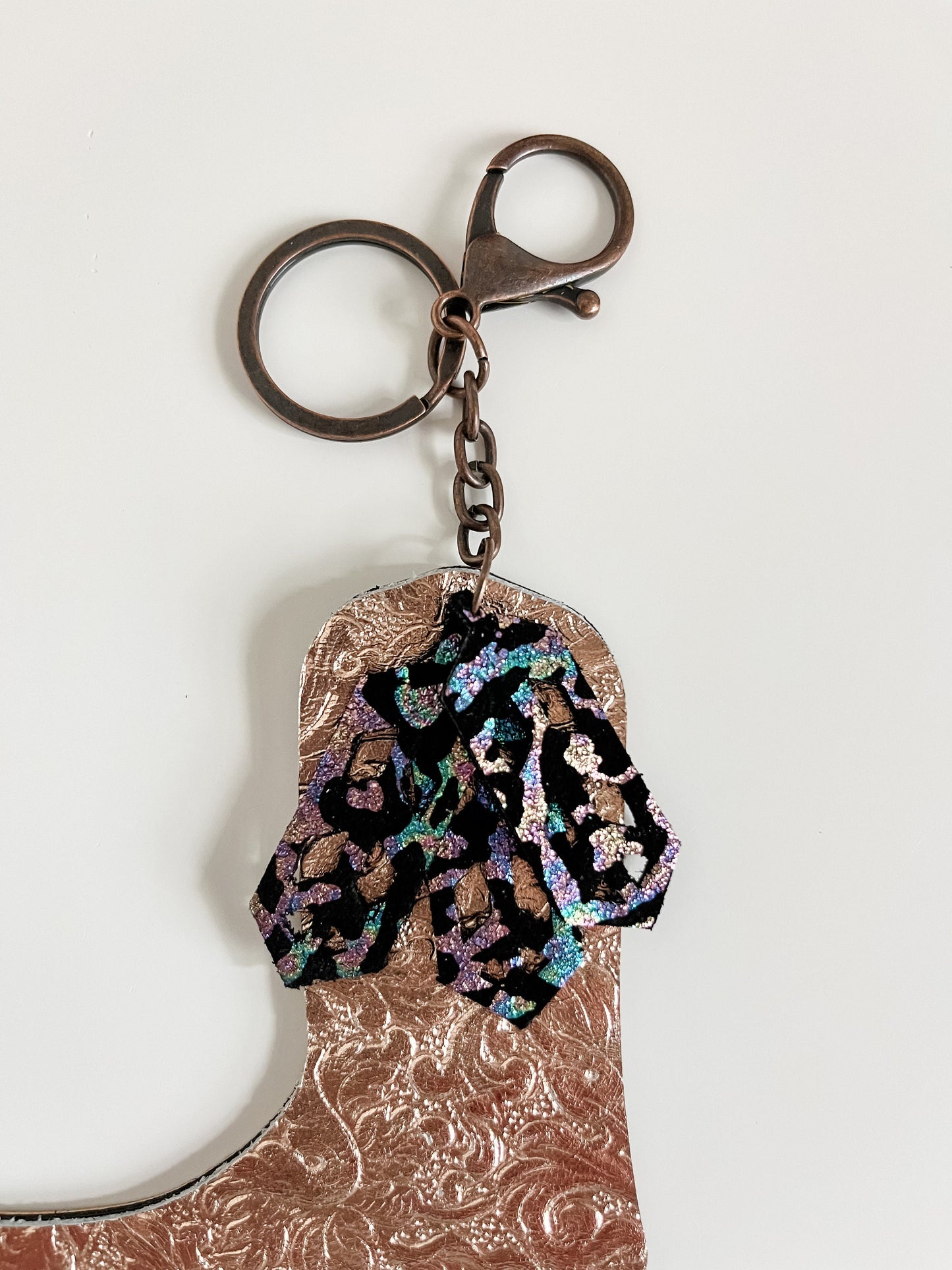 Western Cowgirl Boot Keychain, Double Sided Black and Rose Gold, Saddle Charm, Purse Charm Bag Flair, Gift for Cowgirl, Truck Accessories