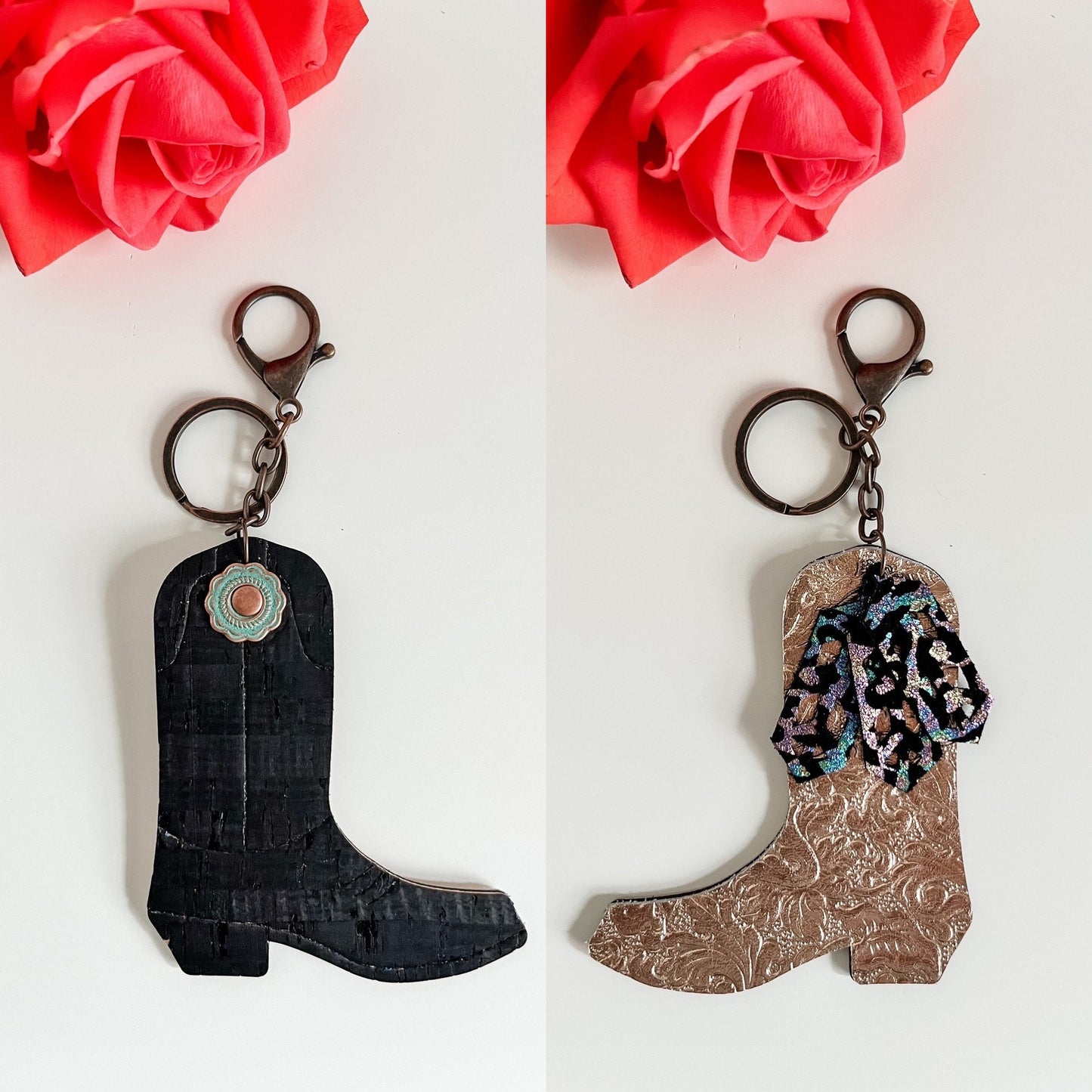 Western Cowgirl Boot Keychain, Double Sided Black and Rose Gold, Saddle Charm, Purse Charm Bag Flair, Gift for Cowgirl, Truck Accessories