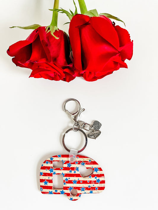 Patriotic Red White and Blue Keychain, Airstream Camper Keychain in Vintage Stars and Stripes Cork Metallic Red Leather, Purse Charm for Bag