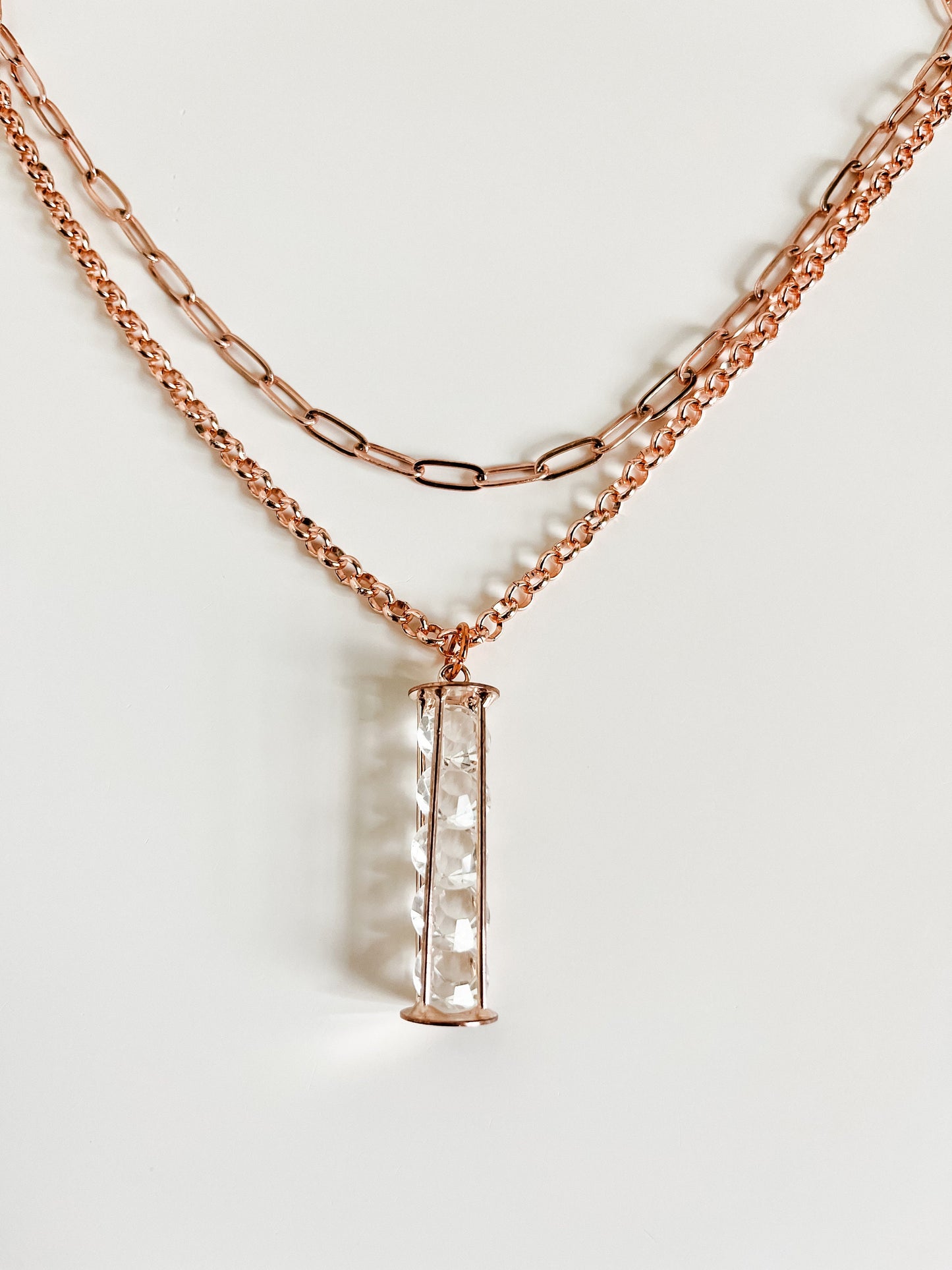 Rose Gold Two Strand Necklace with Rhinestone Pendant, Rose Gold Paper Clip Chain Necklace, Layered Necklace, Wedding Necklace