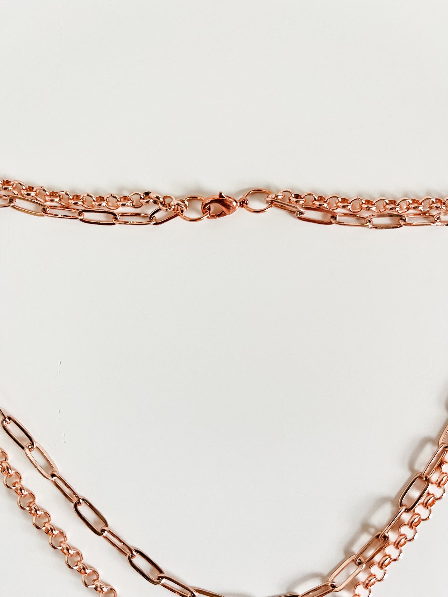 Rose Gold Two Strand Necklace with Rhinestone Pendant, Rose Gold Paper Clip Chain Necklace, Layered Necklace, Wedding Necklace