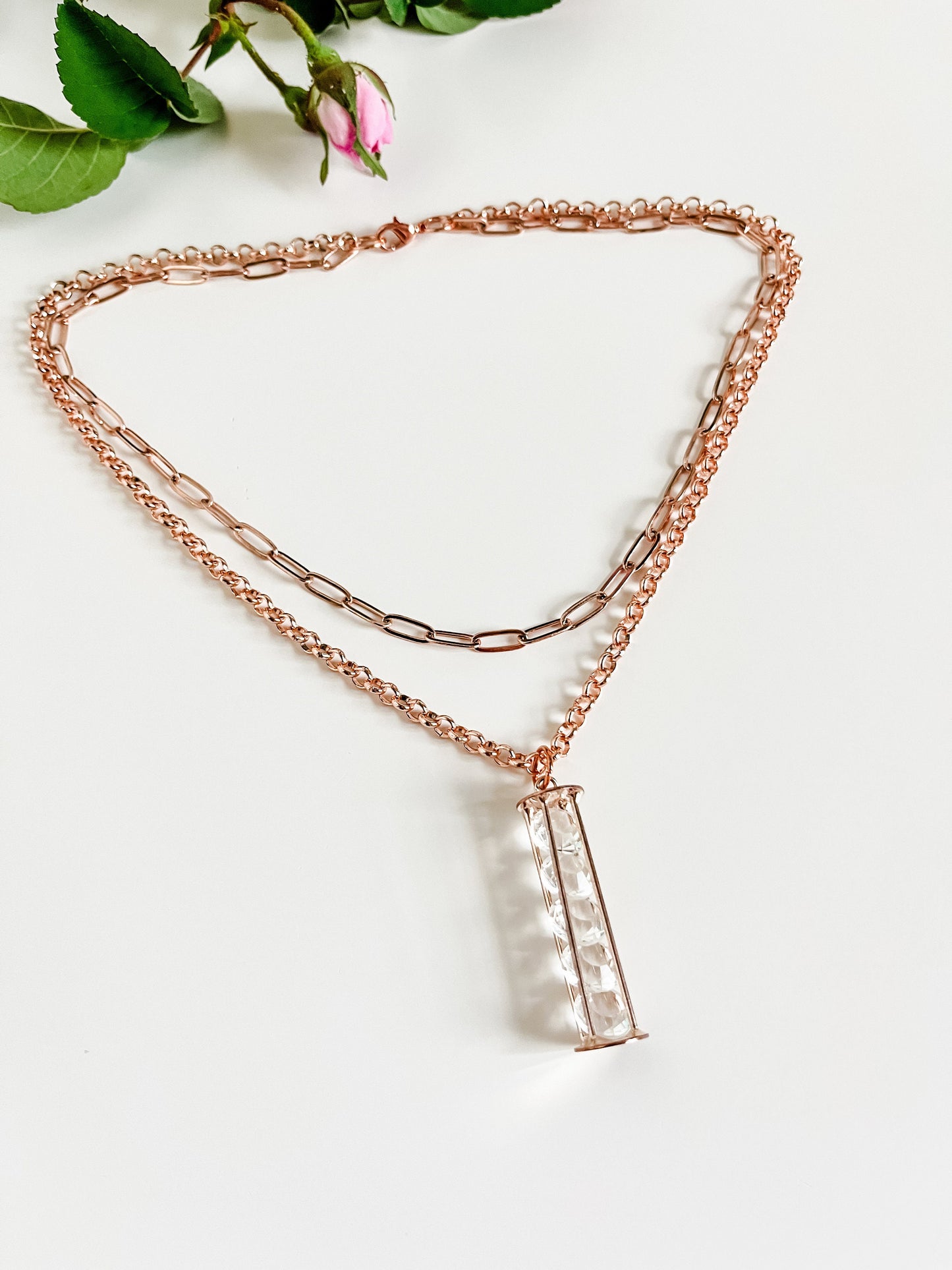 Rose Gold Two Strand Necklace with Rhinestone Pendant, Rose Gold Paper Clip Chain Necklace, Layered Necklace, Wedding Necklace