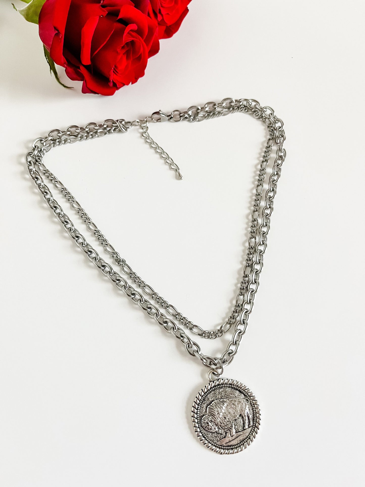 Buffalo Coin Necklace, Two Strand Silver Necklace, Western Layered Necklace, Rodeo Festival Fashion, Southwestern Necklace