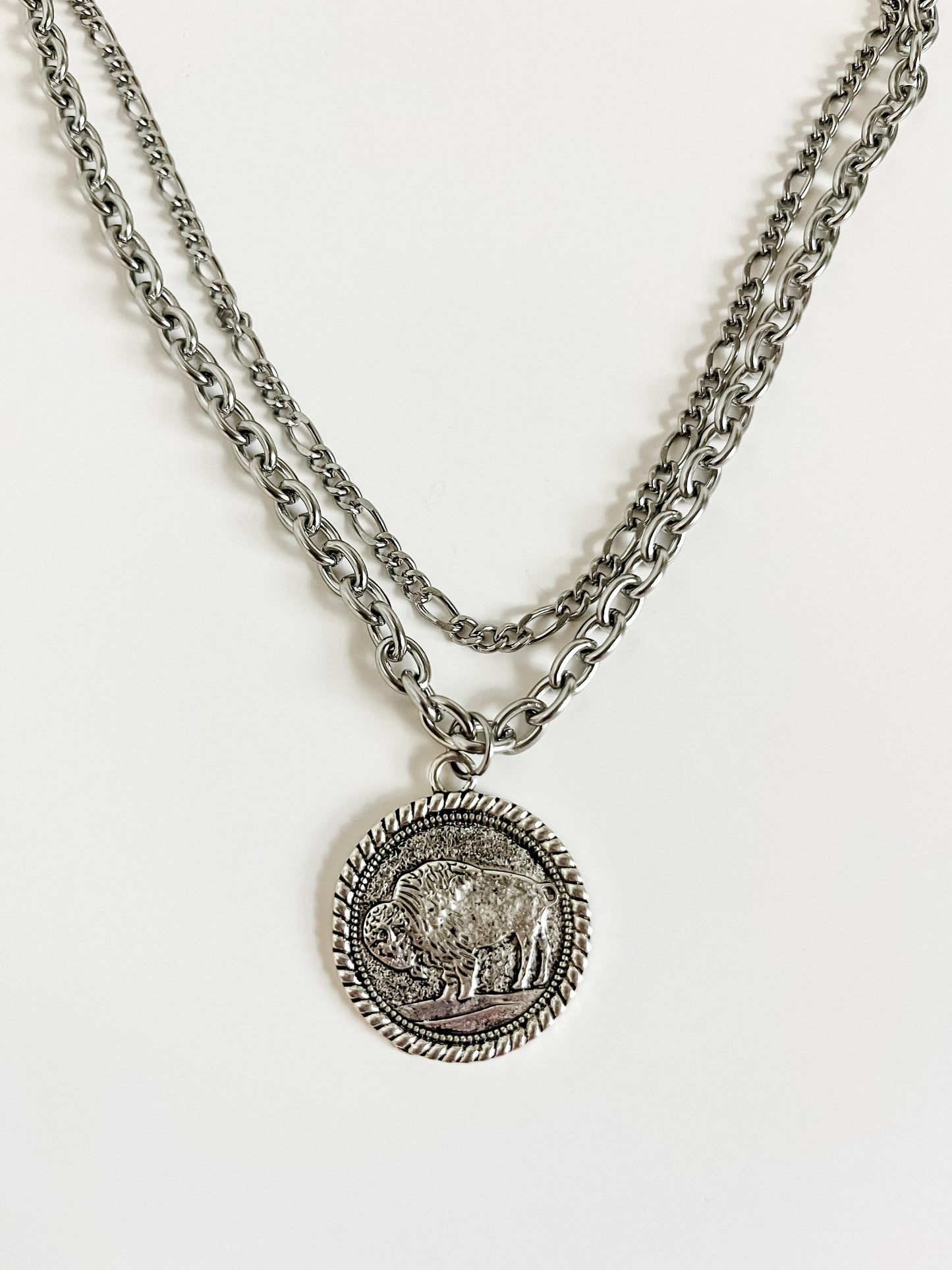 Buffalo Coin Necklace, Two Strand Silver Necklace, Western Layered Necklace, Rodeo Festival Fashion, Southwestern Necklace