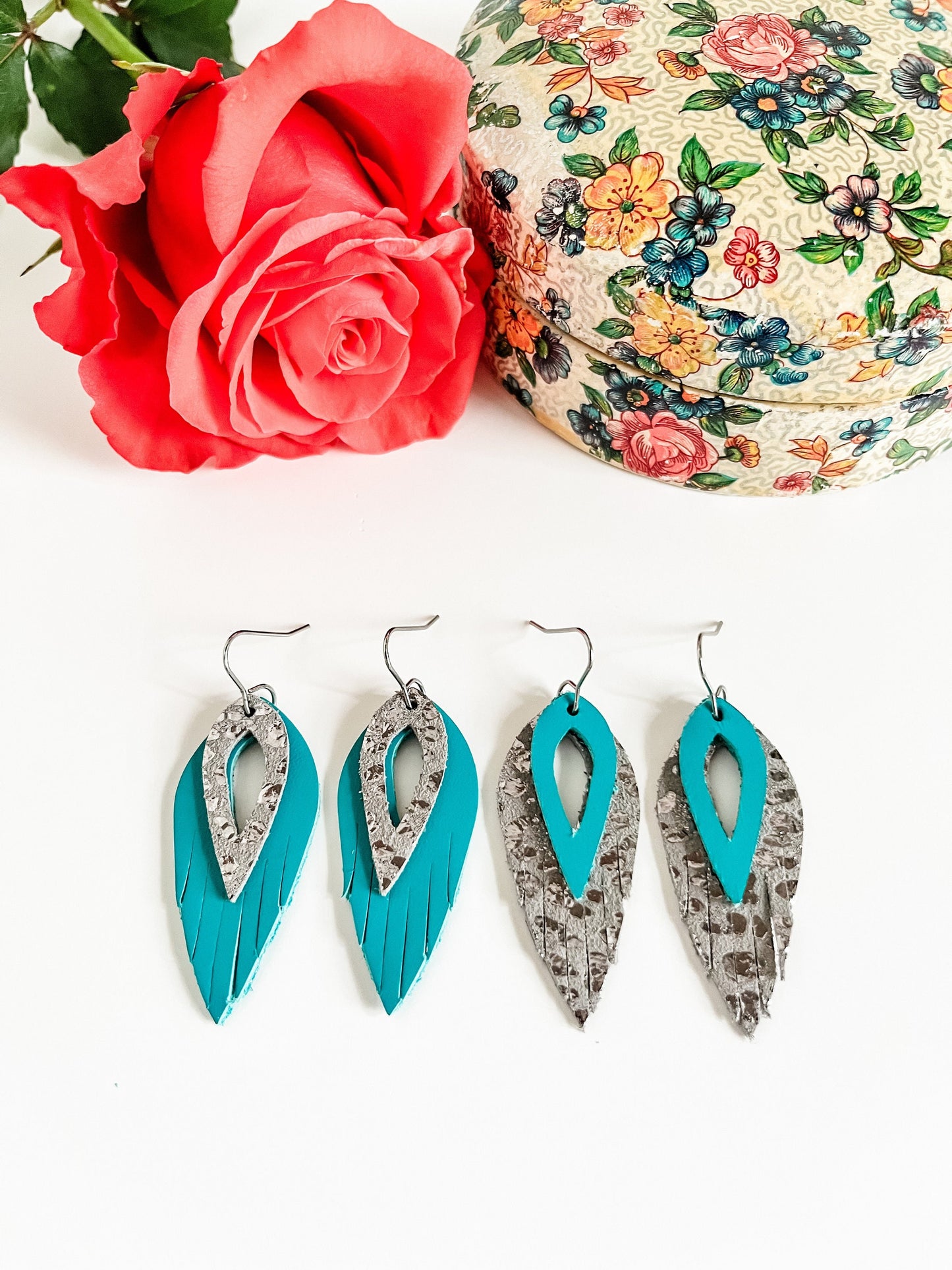 Turquoise and Metallic Silver Leopard Leather Fringe Earrings, Turquoise Earrings, Leopard Cheetah Earrings, Western Concert Earrings