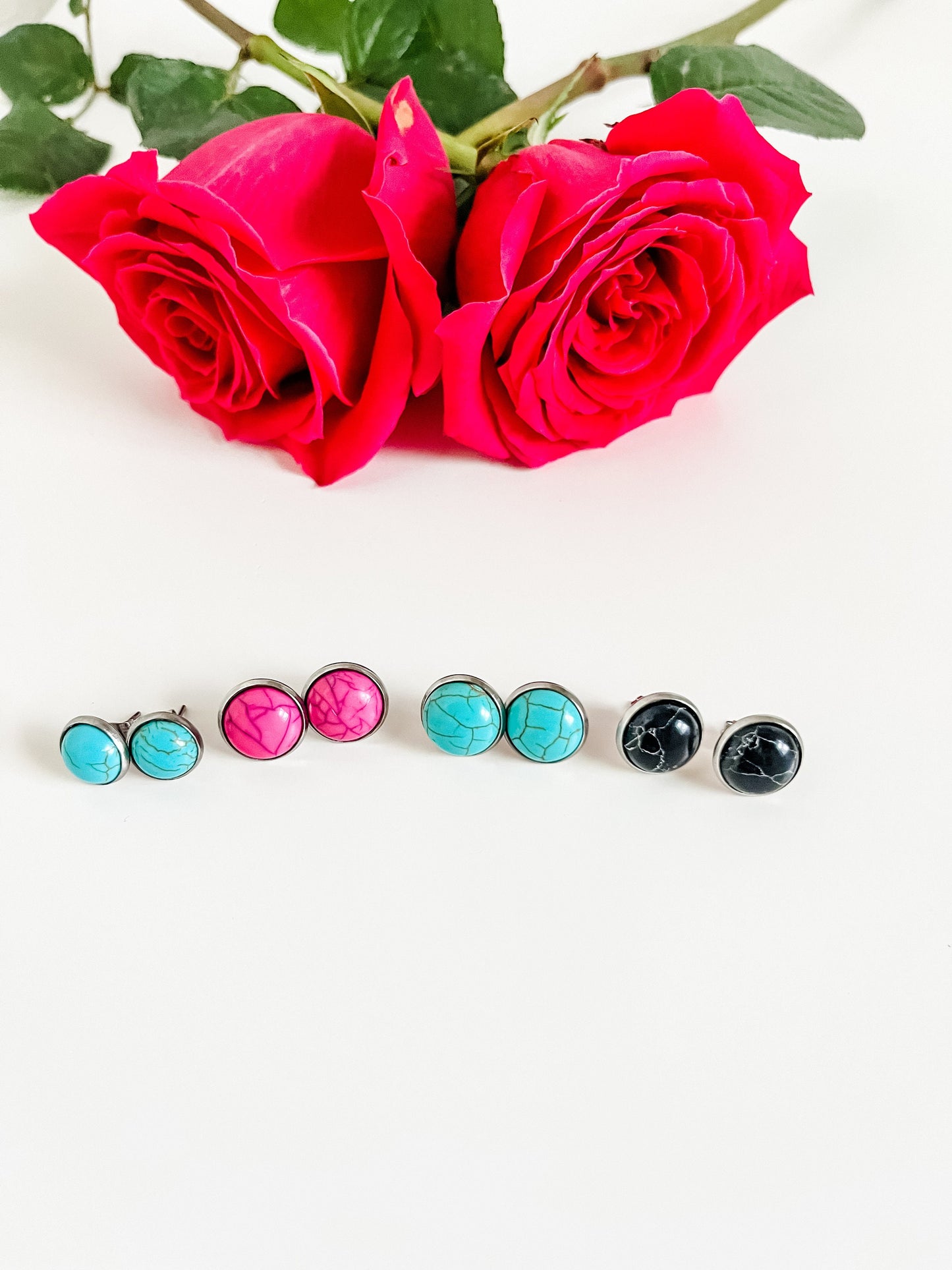 Faux Gemstone Stud Earrings, Turquoise Stud Earrings, Choose Turquoise Pink or Black, Boho Silver Post Earrings, Coastal Cowgirl Chic