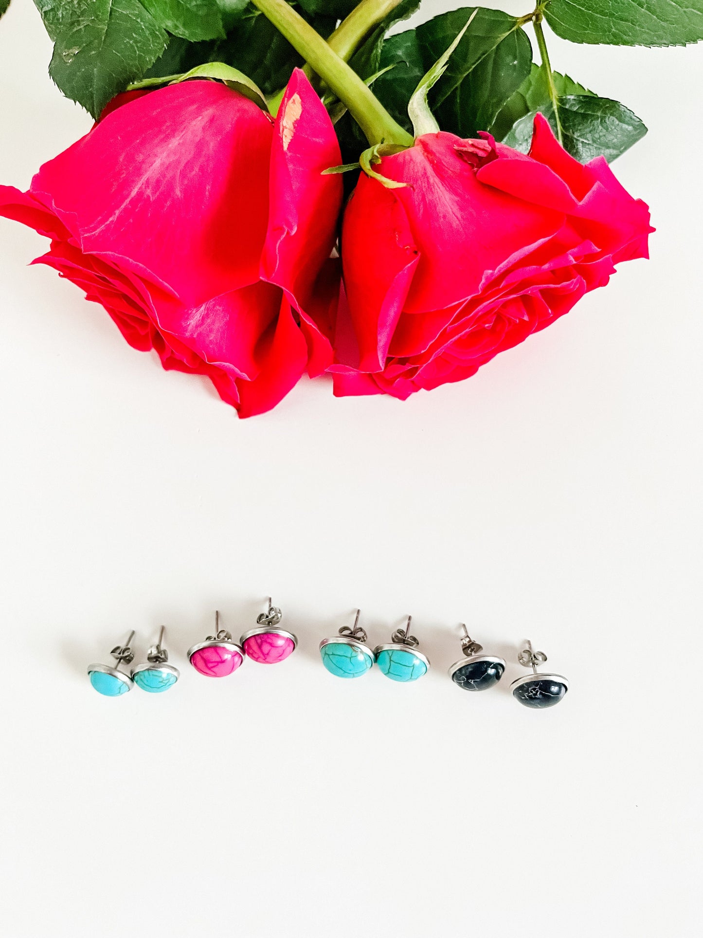 Faux Gemstone Stud Earrings, Turquoise Stud Earrings, Choose Turquoise Pink or Black, Boho Silver Post Earrings, Coastal Cowgirl Chic