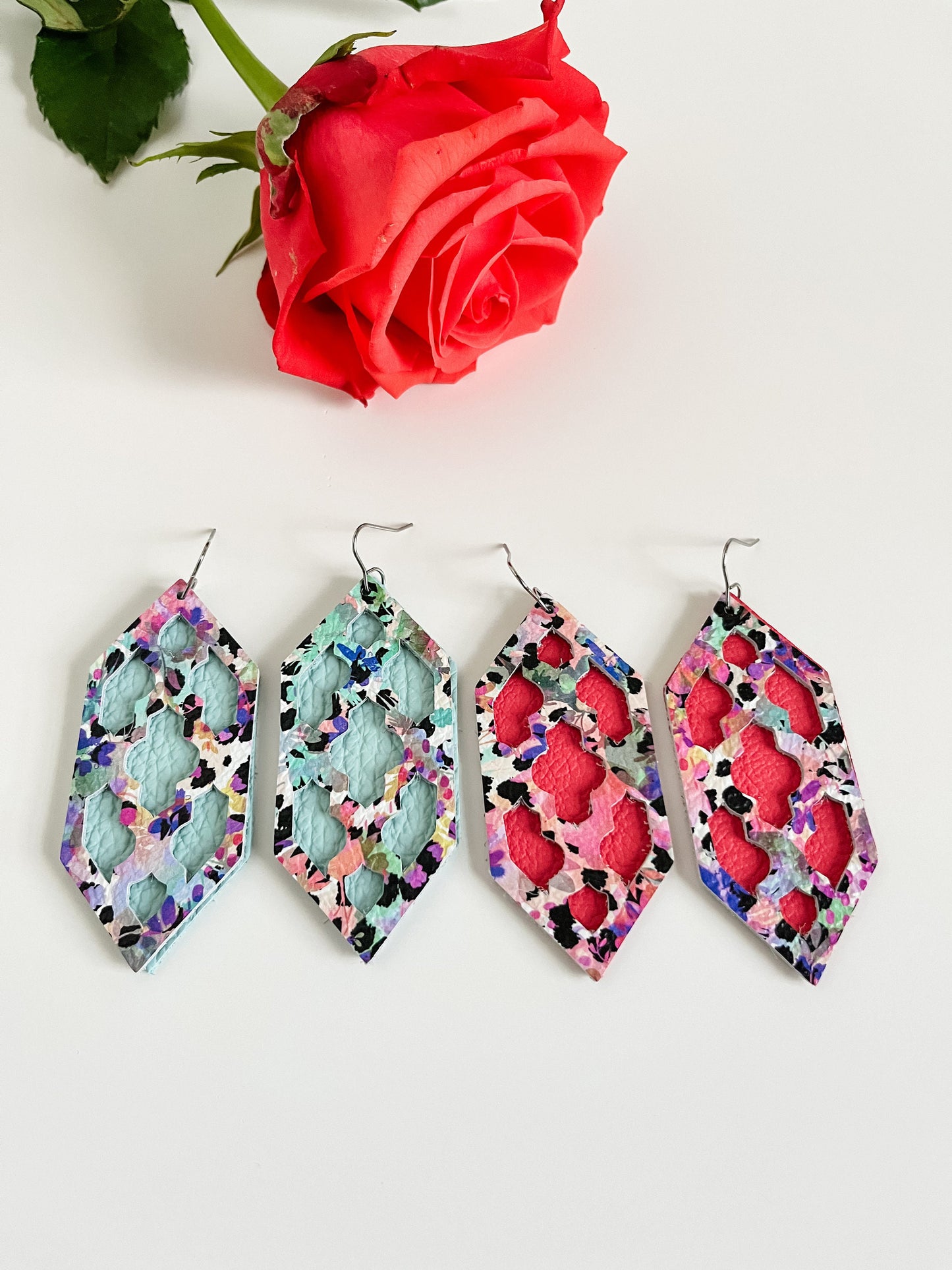 Vibrant Floral Leather Earrings, Spring Floral Print with Black Leopard Spots, Mint Earrings, Coral Earrings, Unique Layered Cutout Design,