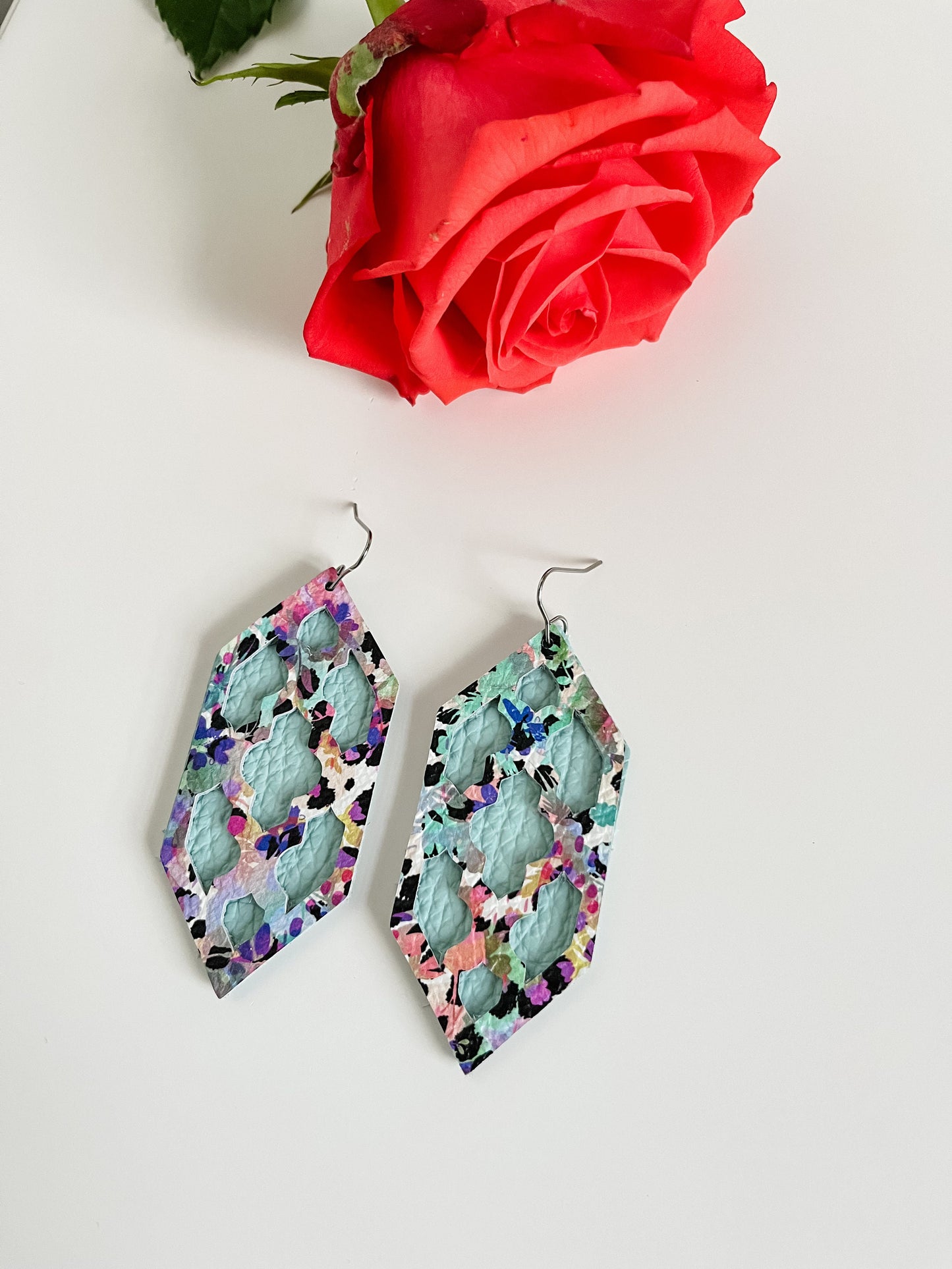 Vibrant Floral Leather Earrings, Spring Floral Print with Black Leopard Spots, Mint Earrings, Coral Earrings, Unique Layered Cutout Design,