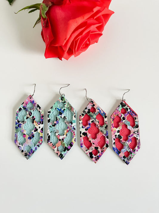 Vibrant Floral Leather Earrings, Spring Floral Print with Black Leopard Spots, Mint Earrings, Coral Earrings, Unique Layered Cutout Design,