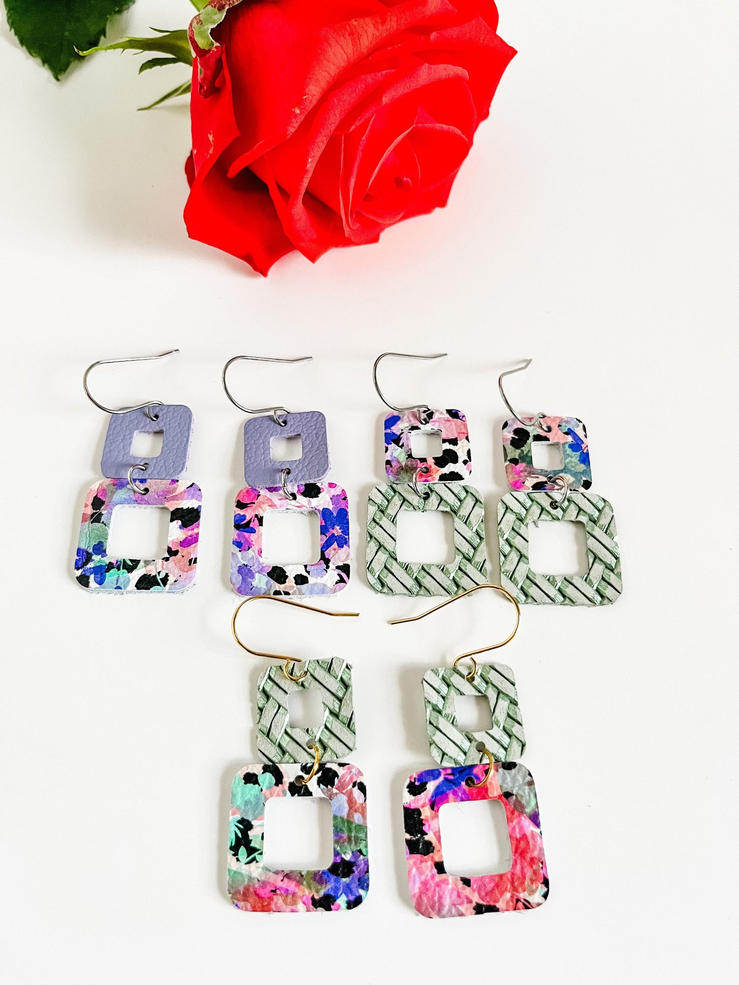 Vibrant Watercolor Floral Earrings, Textured Green Leather, Floral Print, Small Geometric Earrings, Rounded Square Earrings, Gift for Her