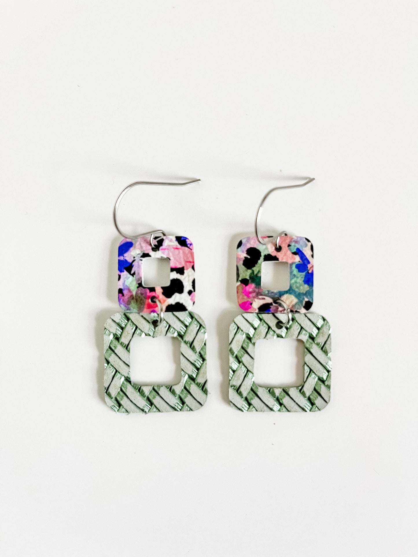 Vibrant Watercolor Floral Earrings, Textured Green Leather, Floral Print, Small Geometric Earrings, Rounded Square Earrings, Gift for Her