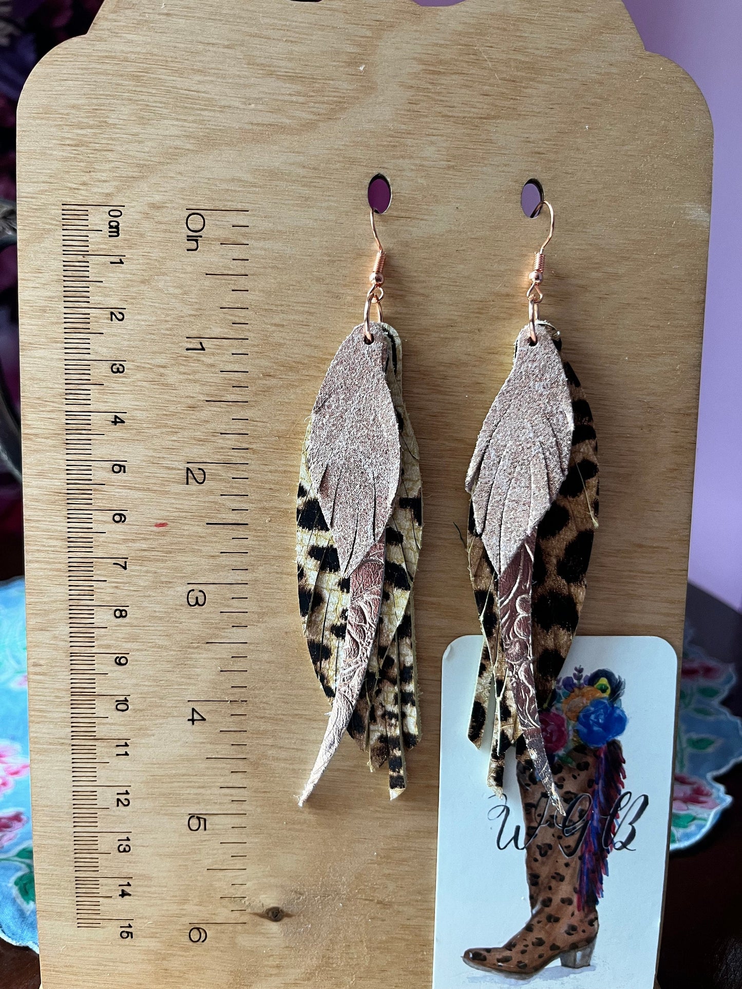 Rose Gold and Cheetah Feather Earrings, Leather Feather Fringe Earrings, Metallic Rose Gold Leather, Cheetah Print, Festival Fashion